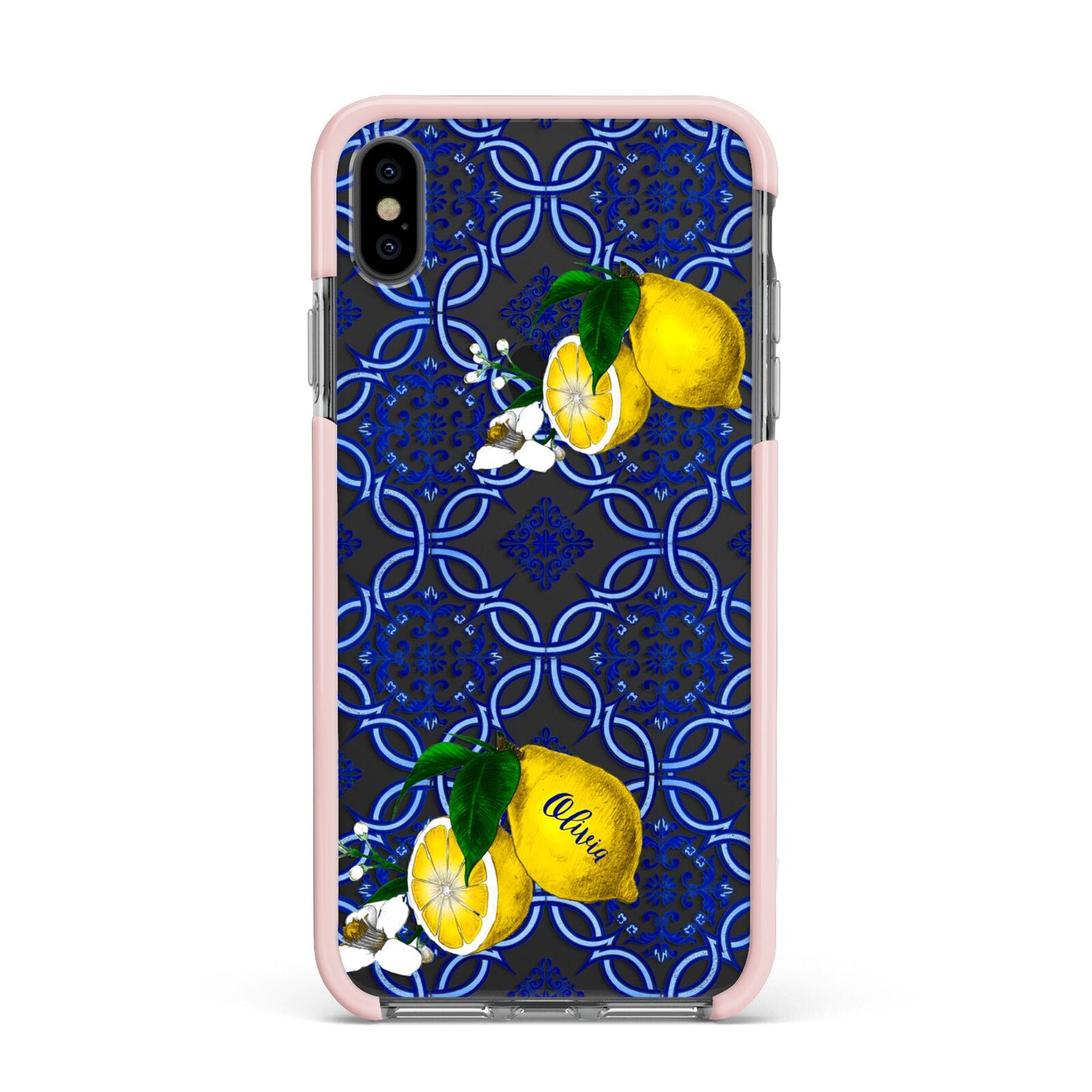 Personalised Mediterranean Tiles and Lemons Apple iPhone Xs Max Impact Case Pink Edge on Black Phone