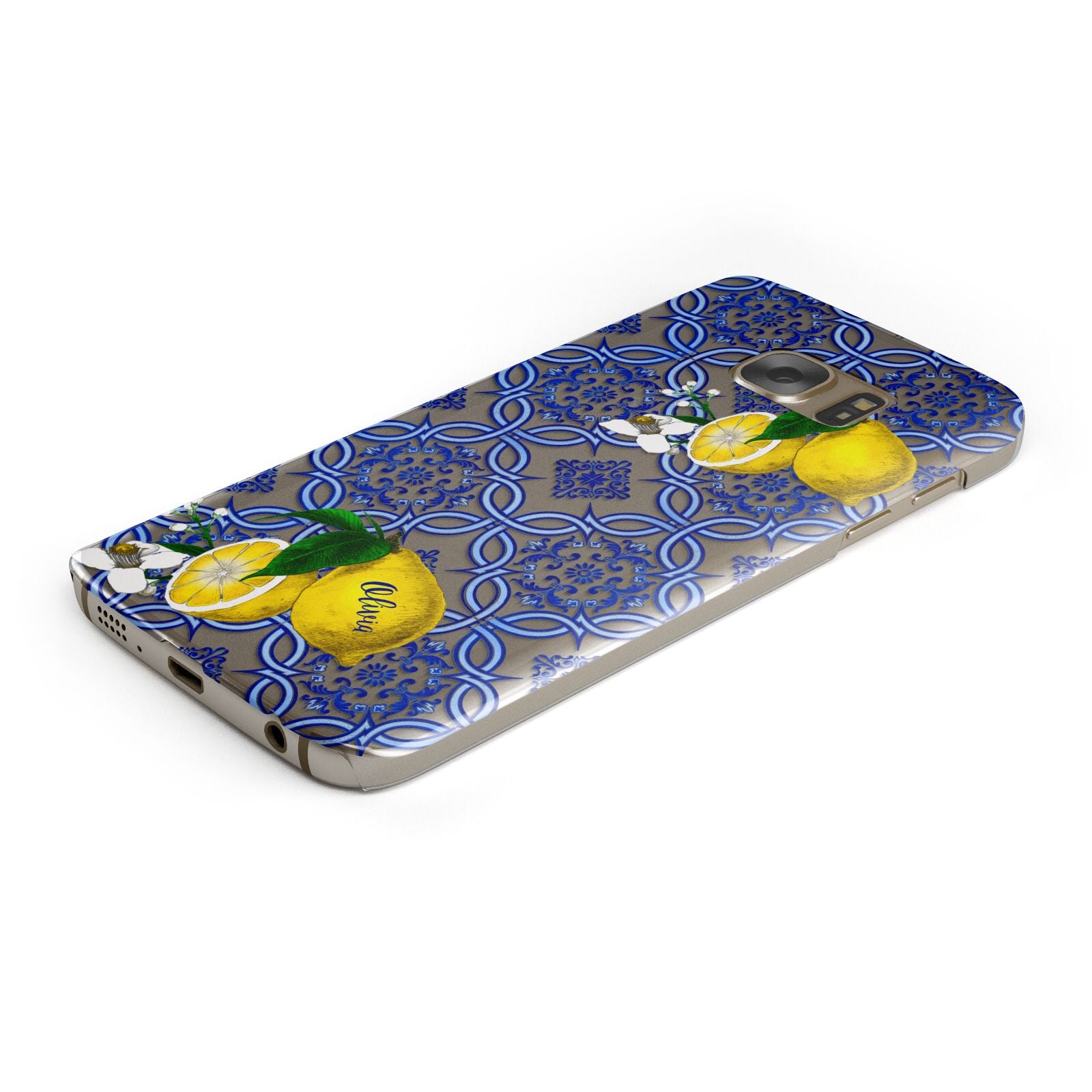 Personalised Mediterranean Tiles and Lemons Protective Samsung Galaxy Case Angled Image