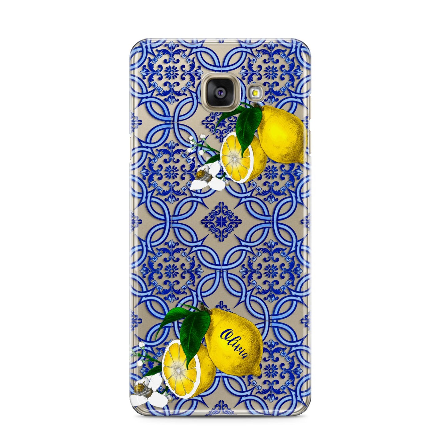 Personalised Mediterranean Tiles and Lemons Samsung Galaxy A3 2016 Case on gold phone