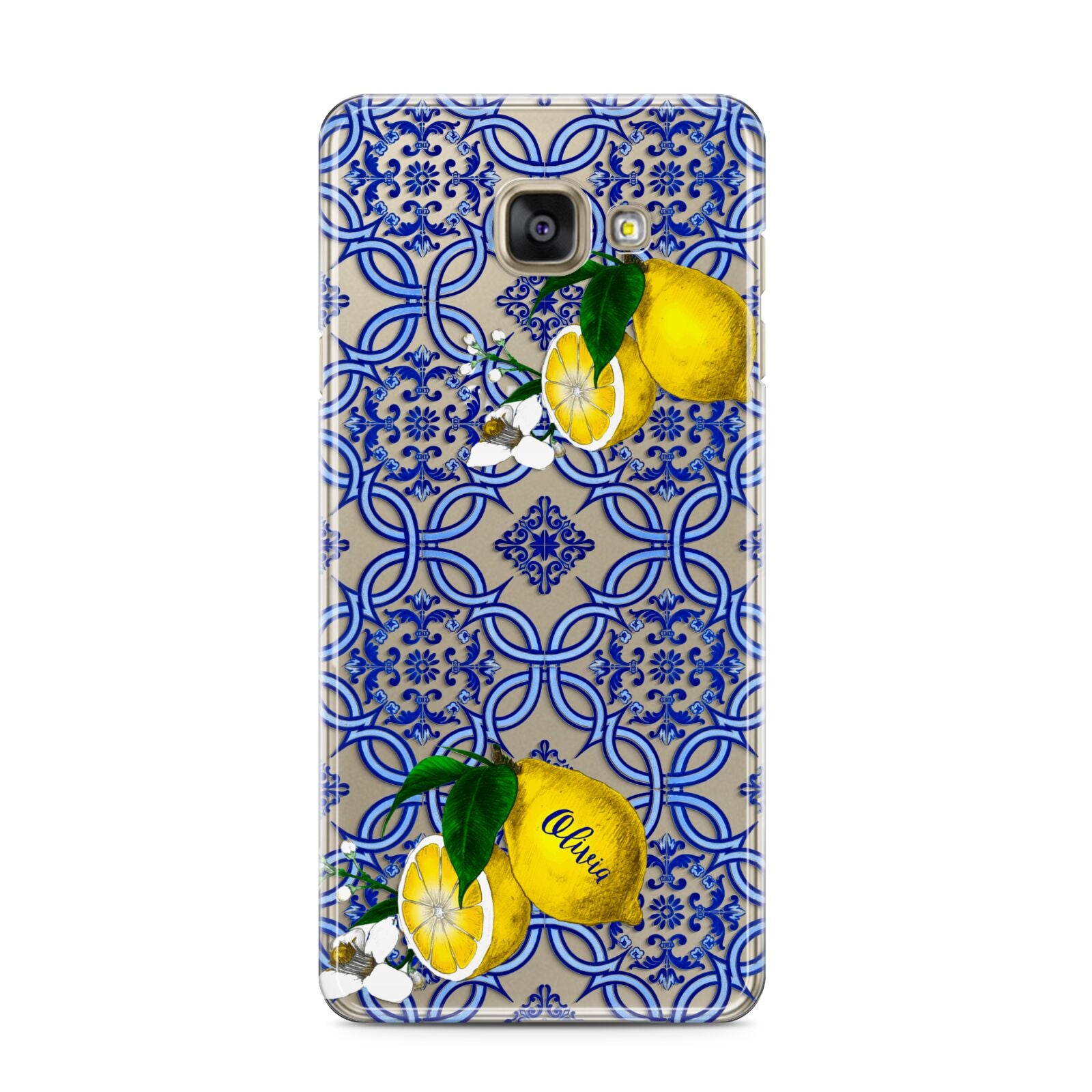 Personalised Mediterranean Tiles and Lemons Samsung Galaxy A3 2016 Case on gold phone