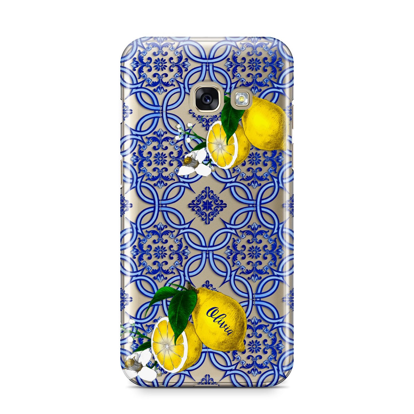 Personalised Mediterranean Tiles and Lemons Samsung Galaxy A3 2017 Case on gold phone