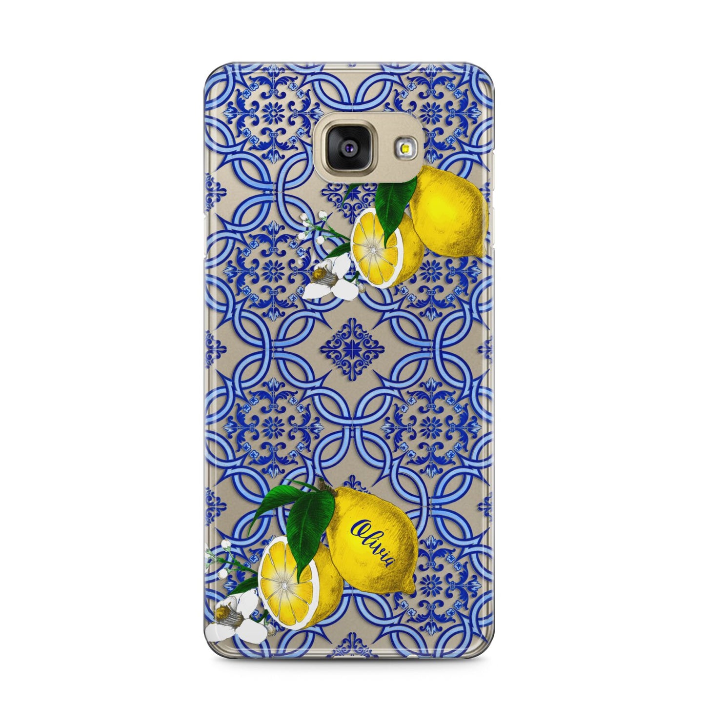 Personalised Mediterranean Tiles and Lemons Samsung Galaxy A5 2016 Case on gold phone