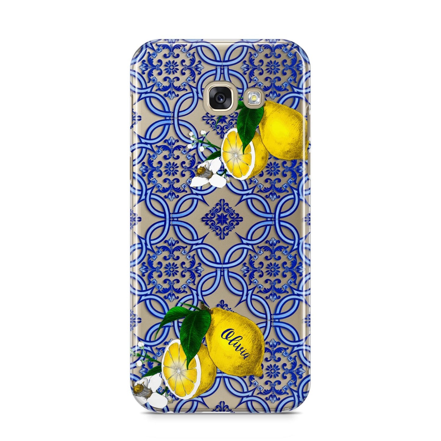 Personalised Mediterranean Tiles and Lemons Samsung Galaxy A5 2017 Case on gold phone