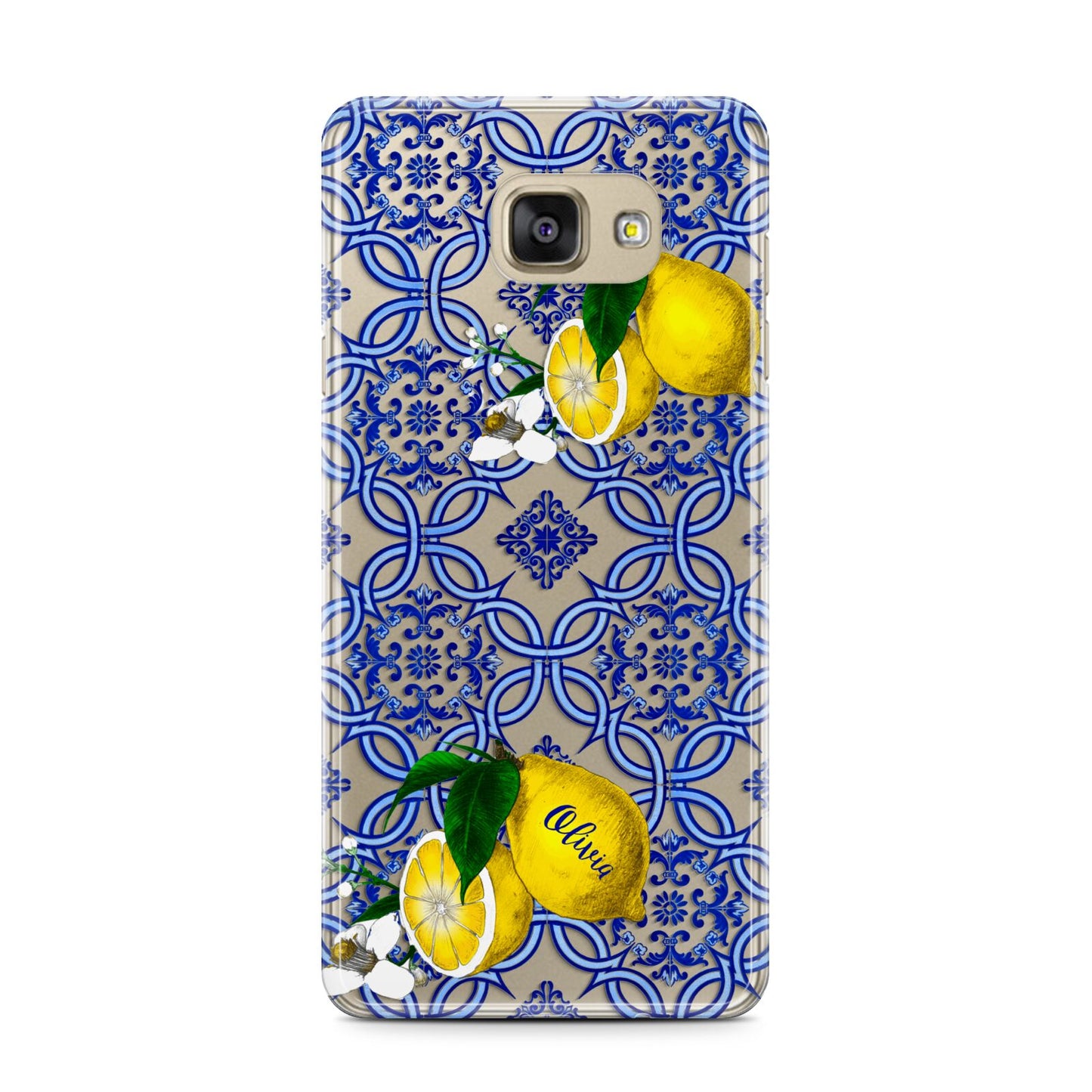 Personalised Mediterranean Tiles and Lemons Samsung Galaxy A7 2016 Case on gold phone