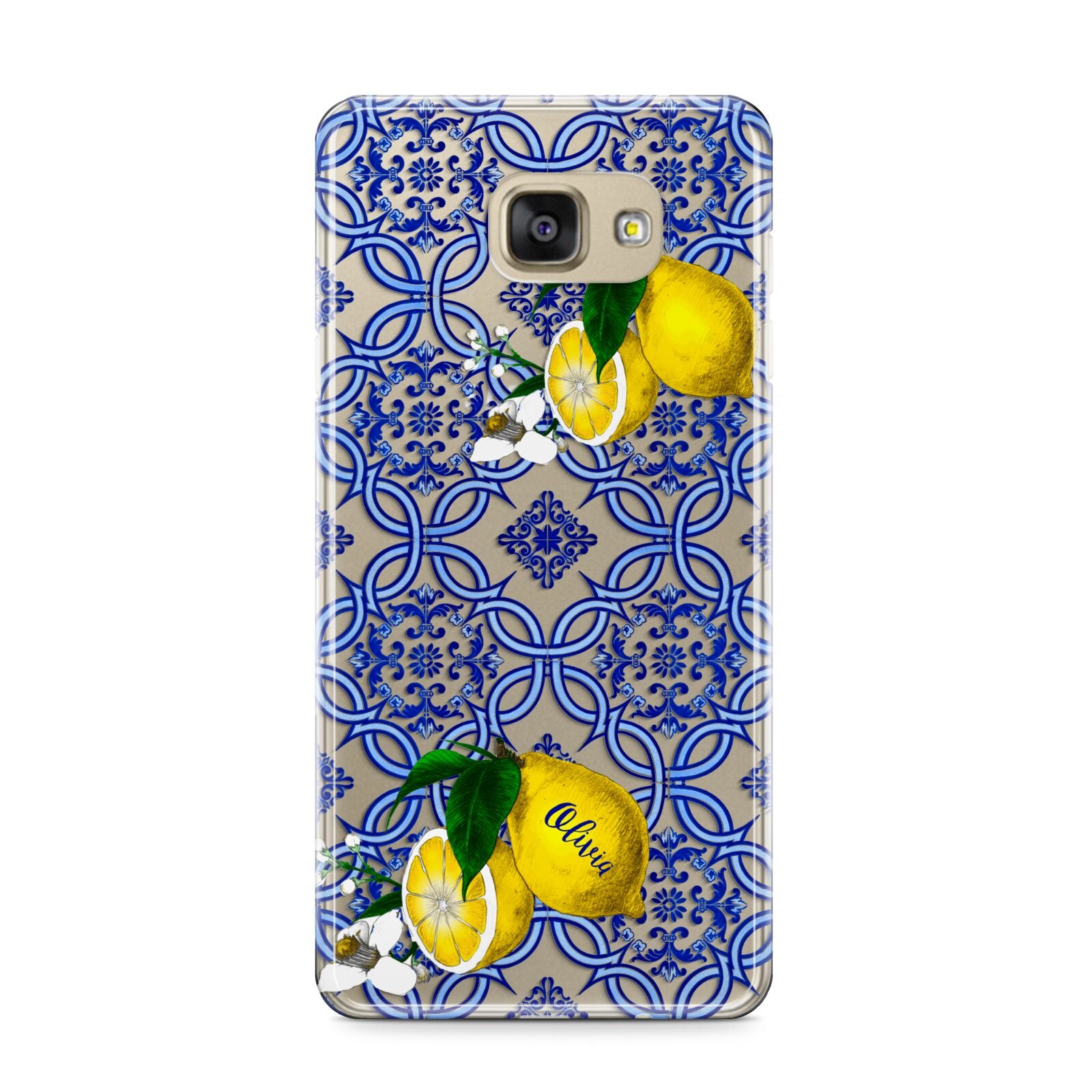 Personalised Mediterranean Tiles and Lemons Samsung Galaxy A9 2016 Case on gold phone