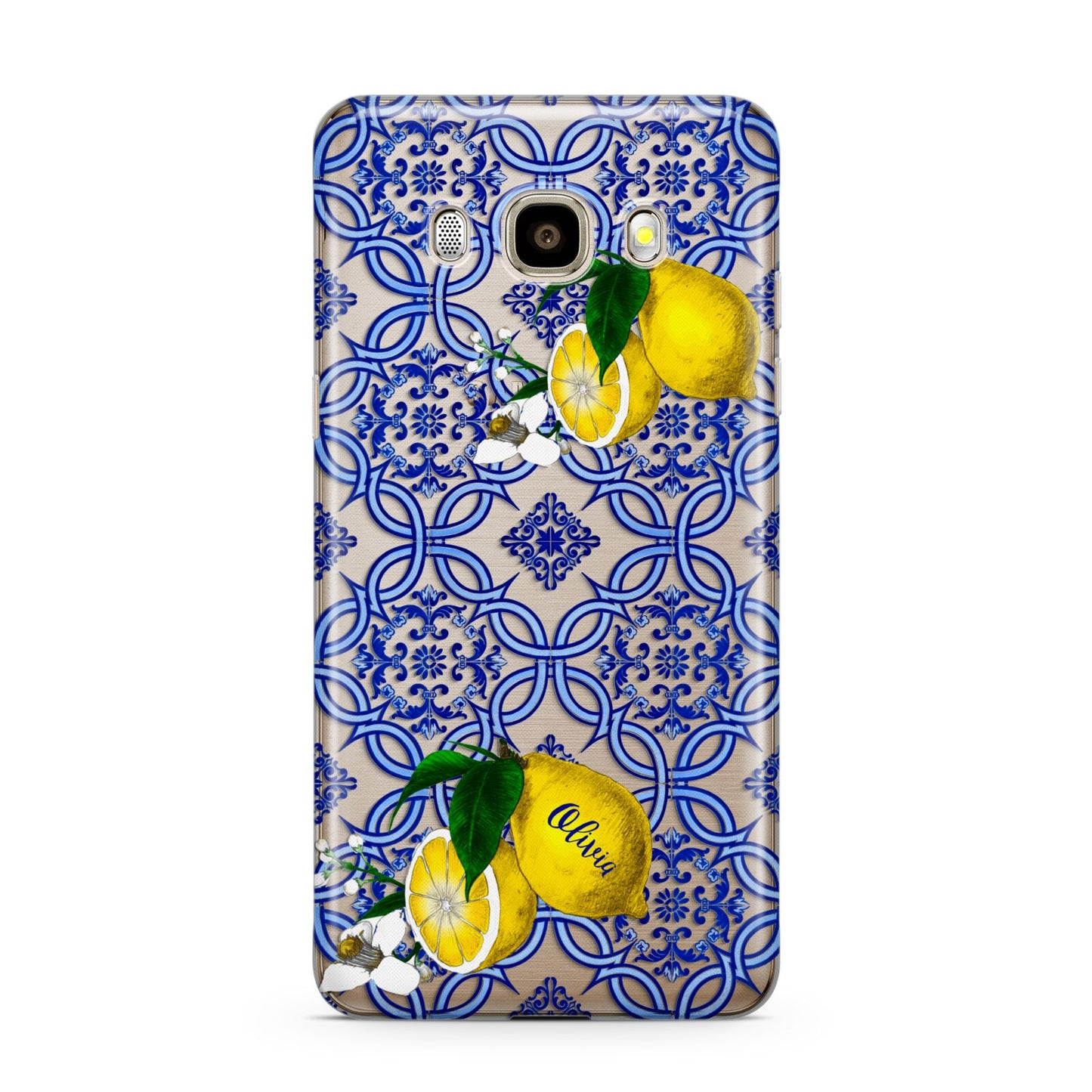 Personalised Mediterranean Tiles and Lemons Samsung Galaxy J7 2016 Case on gold phone