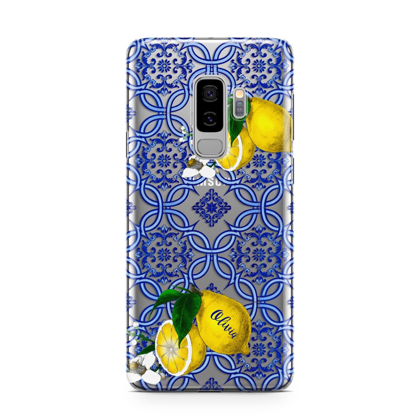 Personalised Mediterranean Tiles and Lemons Samsung Galaxy S9 Plus Case on Silver phone