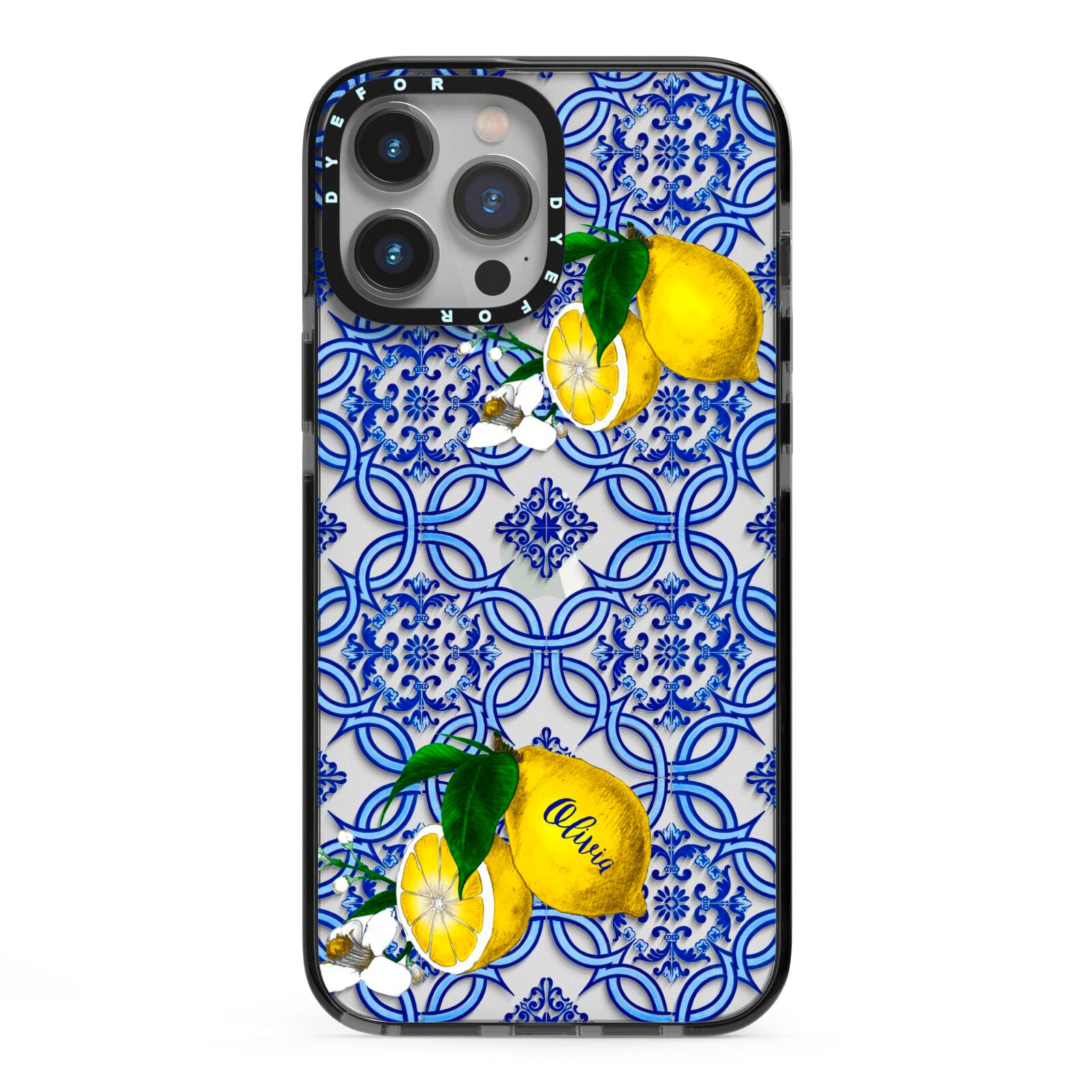 Personalised Mediterranean Tiles and Lemons iPhone 13 Pro Max Black Impact Case on Silver phone