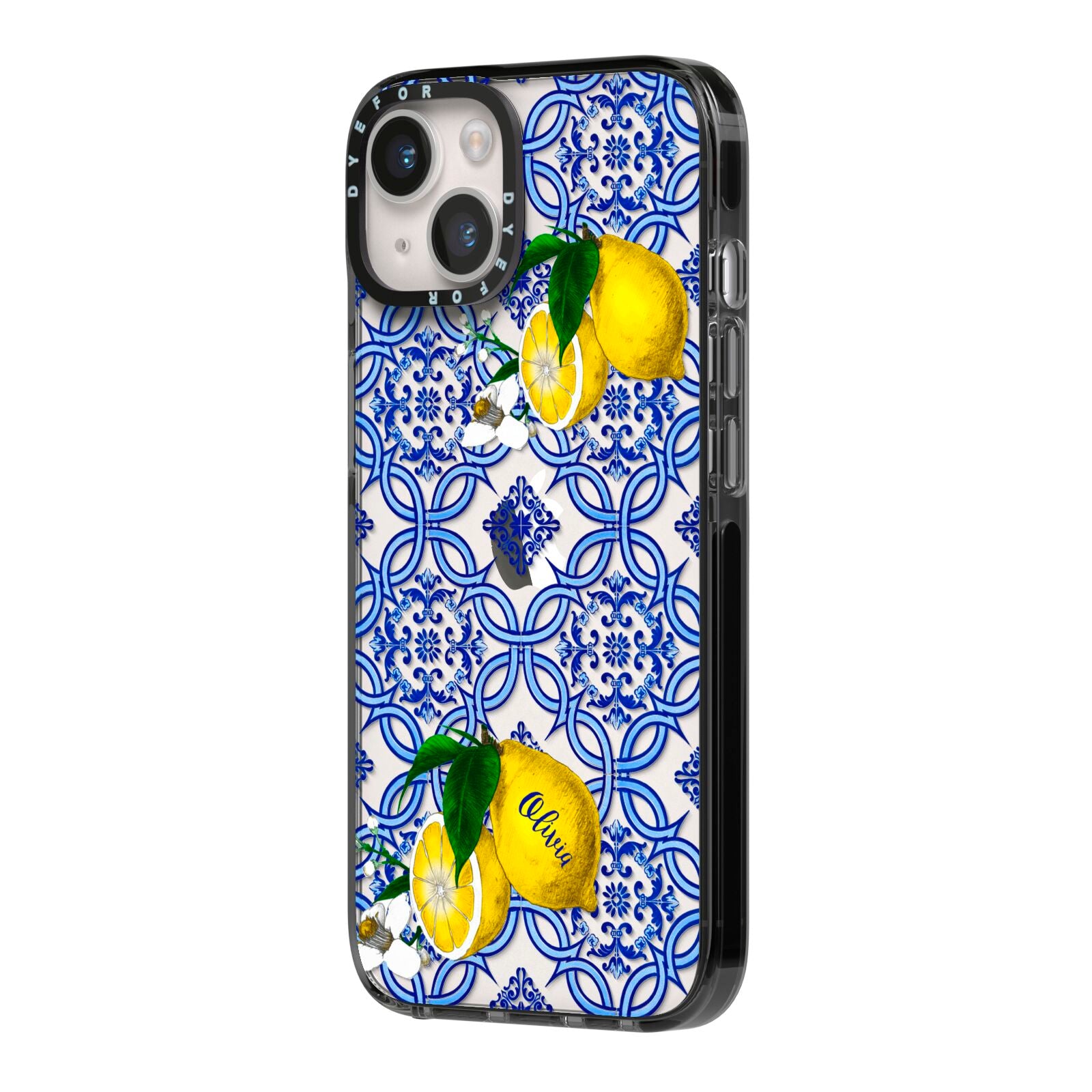 Personalised Mediterranean Tiles and Lemons iPhone 14 Black Impact Case Side Angle on Silver phone