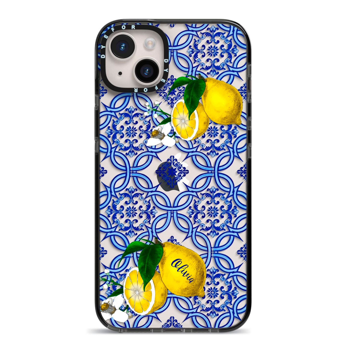 Personalised Mediterranean Tiles and Lemons iPhone 14 Plus Black Impact Case on Silver phone