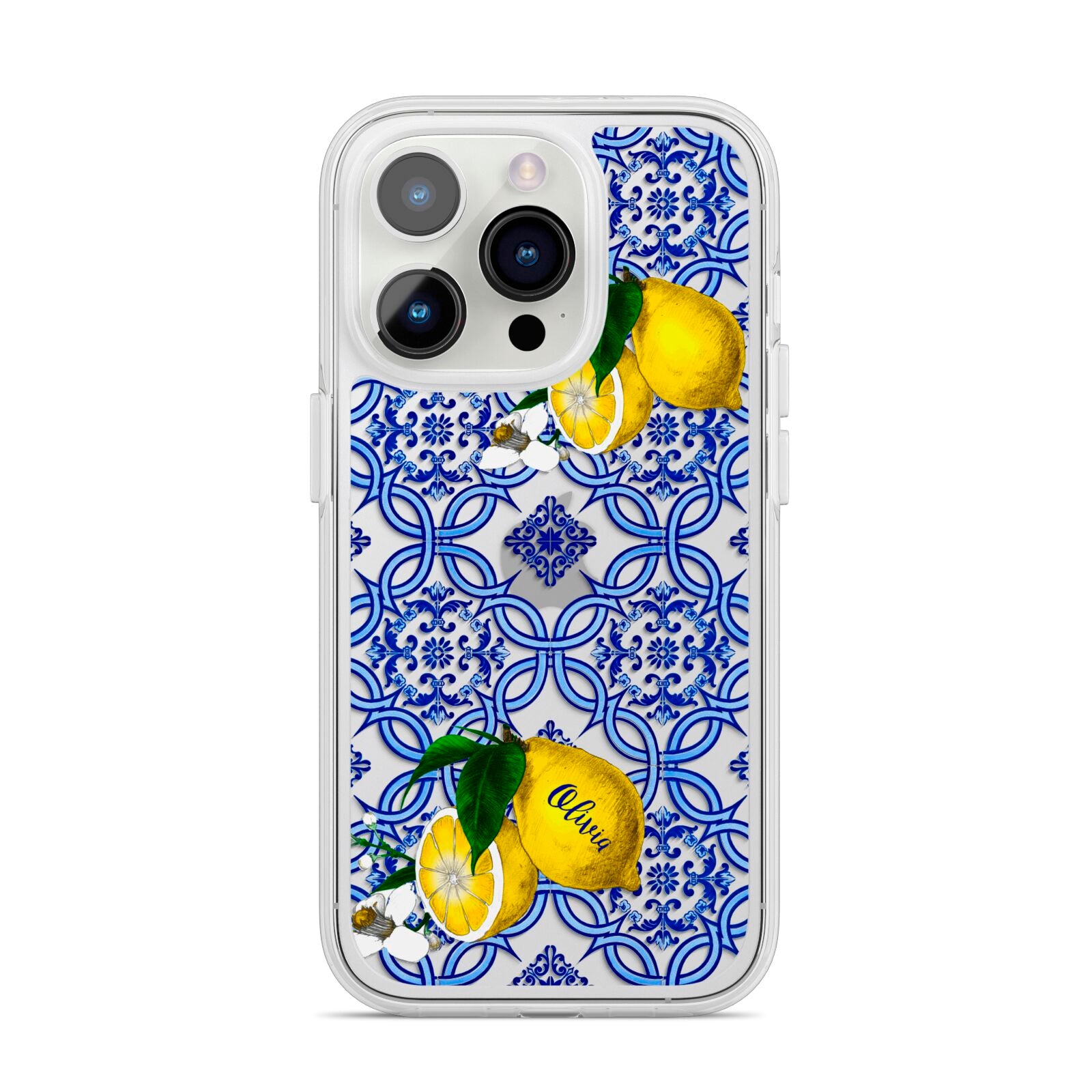 Personalised Mediterranean Tiles and Lemons iPhone 14 Pro Clear Tough Case Silver