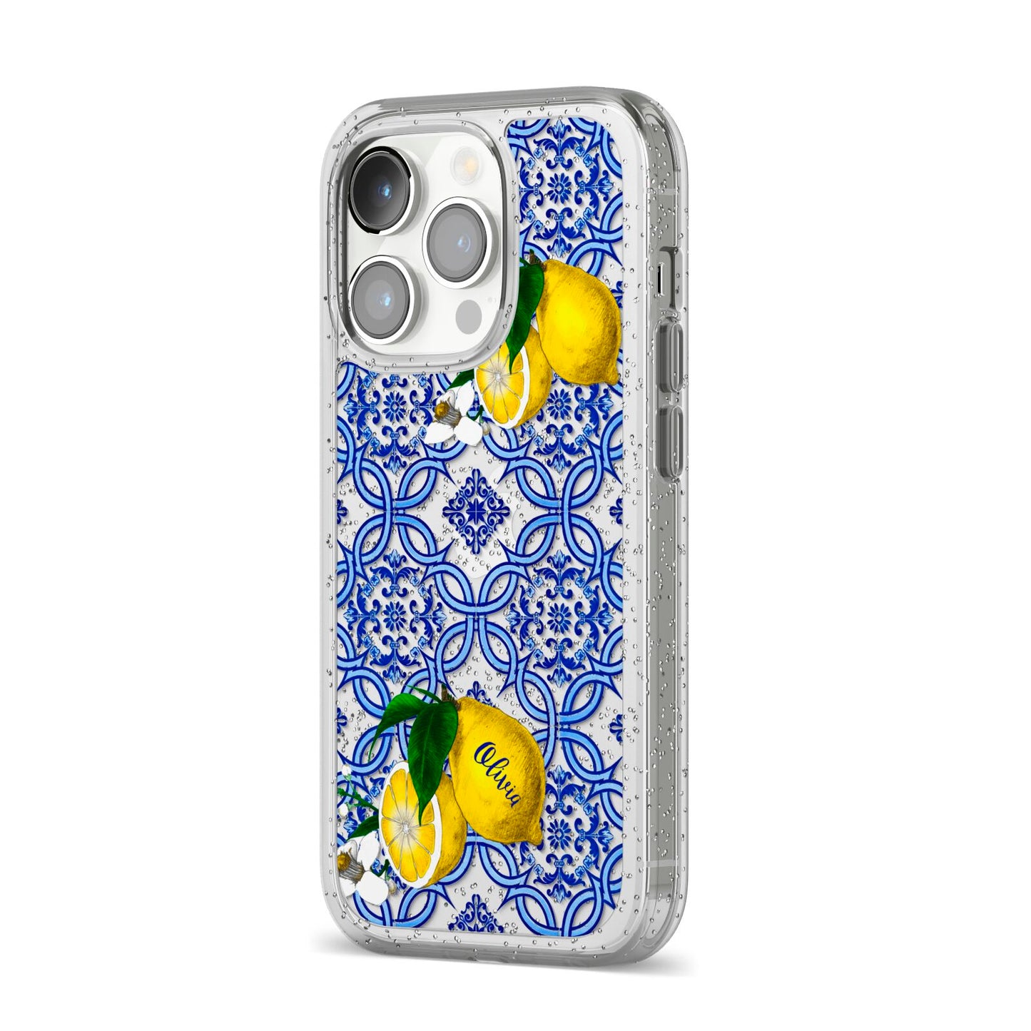 Personalised Mediterranean Tiles and Lemons iPhone 14 Pro Glitter Tough Case Silver Angled Image