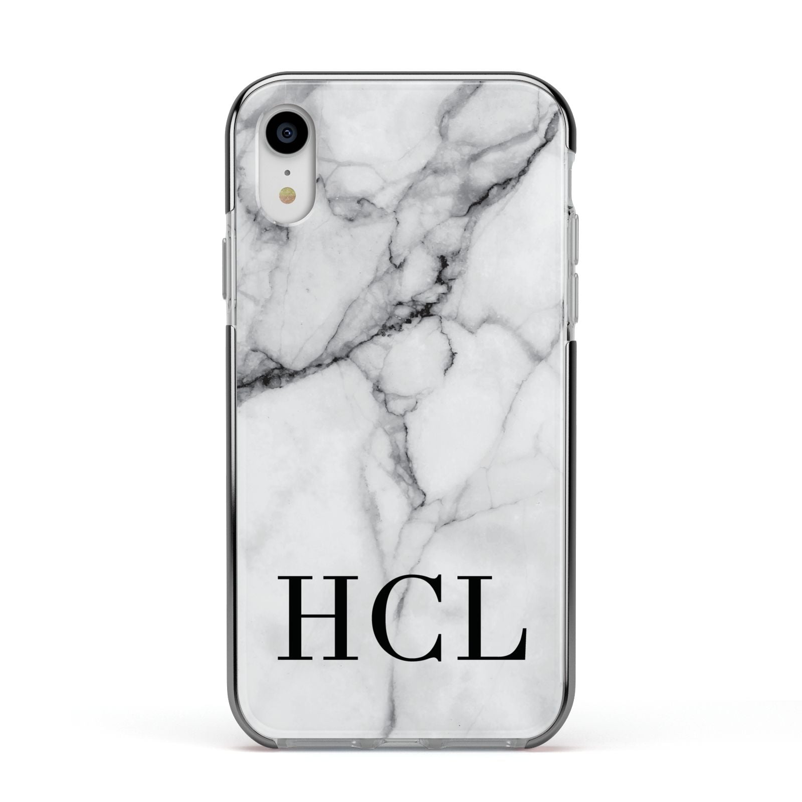 Personalised Medium Marble Initials Apple iPhone XR Impact Case Black Edge on Silver Phone