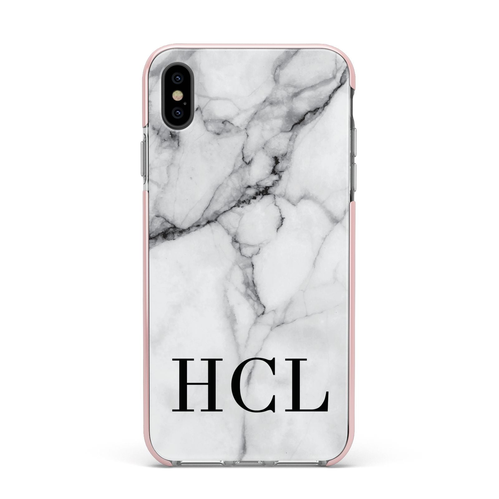 Personalised Medium Marble Initials Apple iPhone Xs Max Impact Case Pink Edge on Black Phone