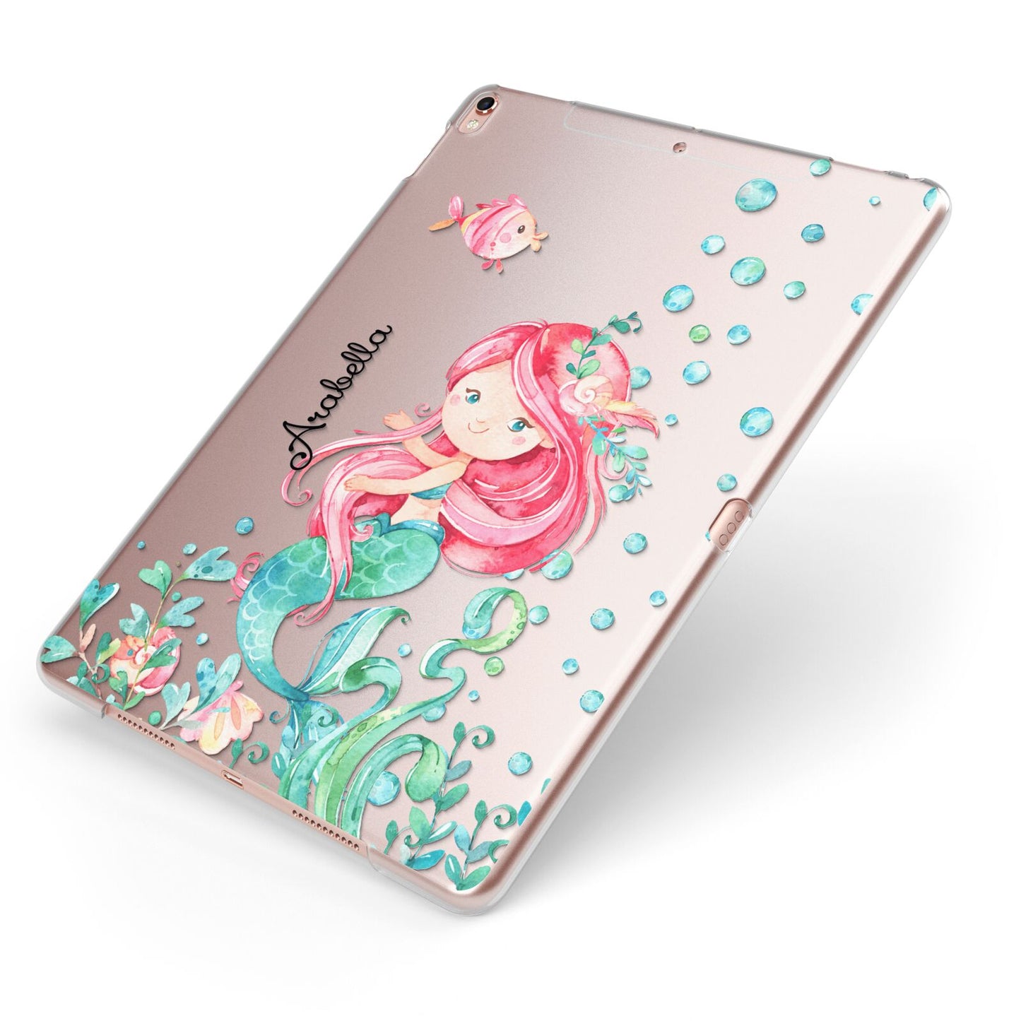 Personalised Mermaid Apple iPad Case on Rose Gold iPad Side View