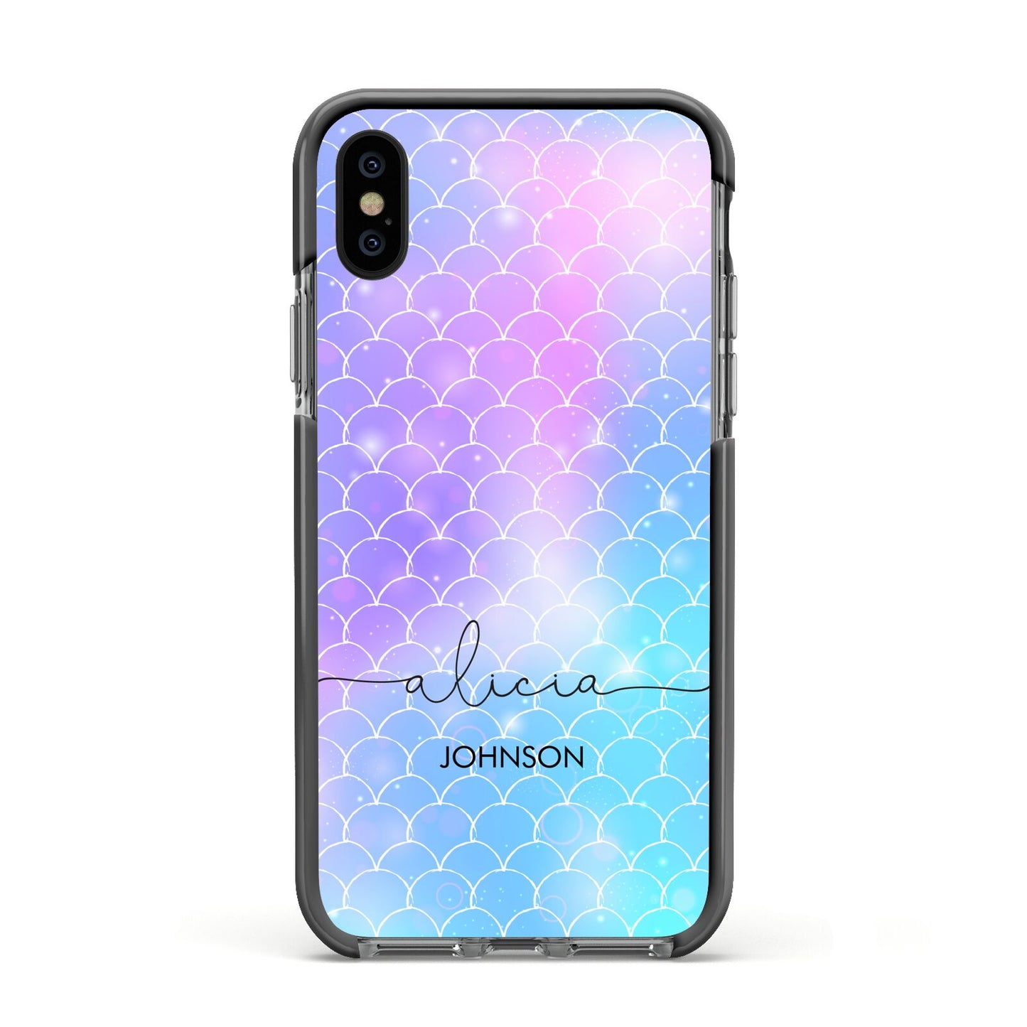 Personalised Mermaid Glitter with Names Apple iPhone Xs Impact Case Black Edge on Black Phone