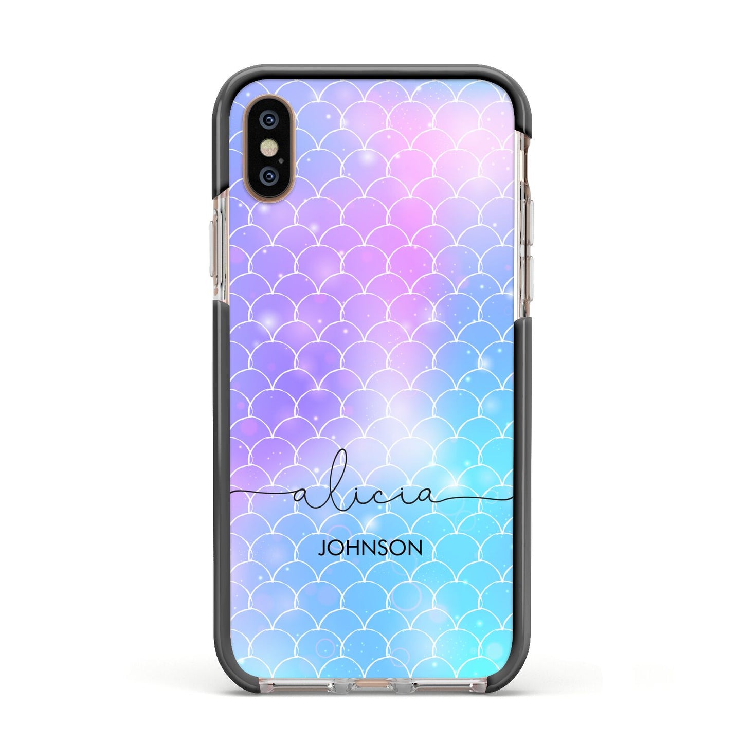 Personalised Mermaid Glitter with Names Apple iPhone Xs Impact Case Black Edge on Gold Phone