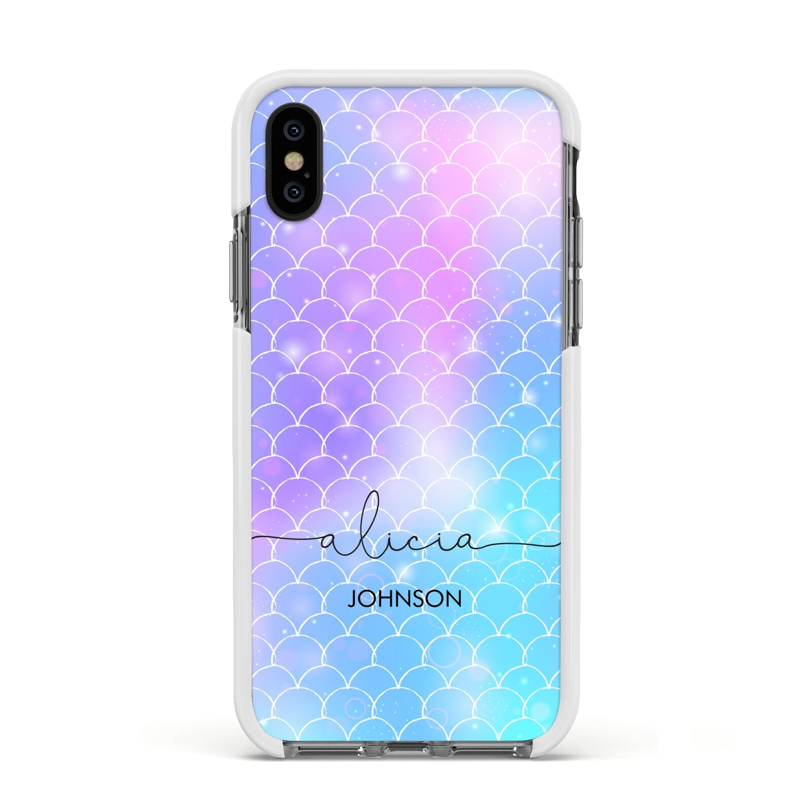 Personalised Mermaid Glitter with Names Apple iPhone Xs Impact Case White Edge on Black Phone