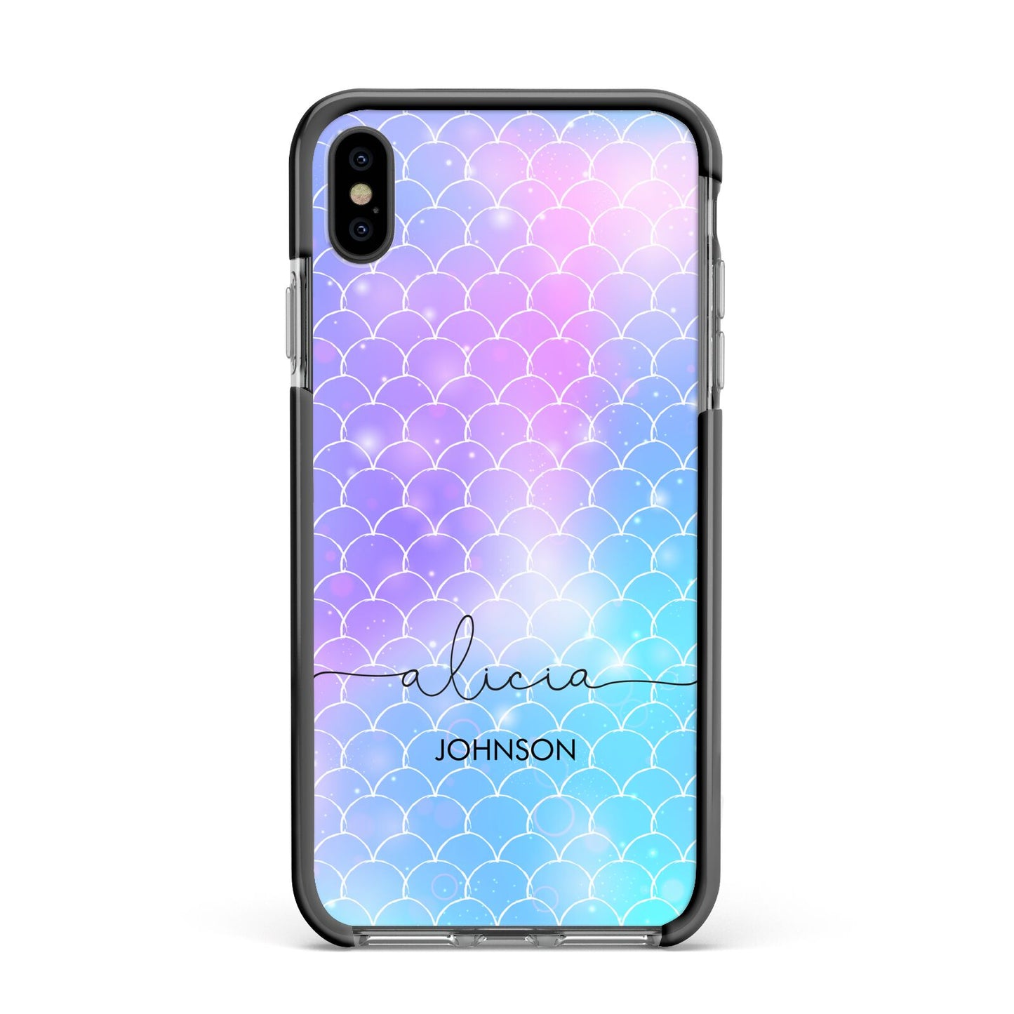 Personalised Mermaid Glitter with Names Apple iPhone Xs Max Impact Case Black Edge on Black Phone