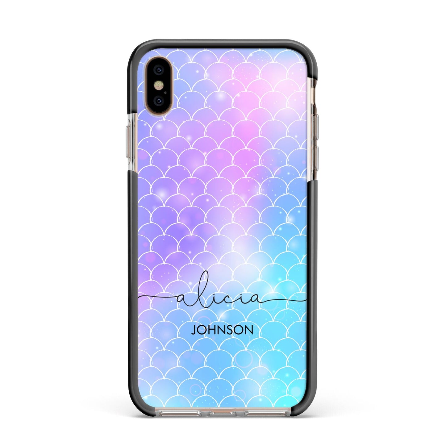 Personalised Mermaid Glitter with Names Apple iPhone Xs Max Impact Case Black Edge on Gold Phone