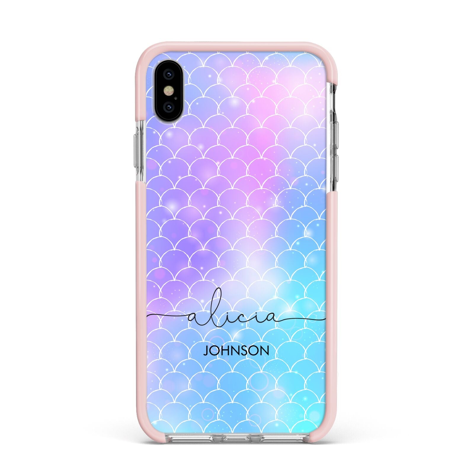 Personalised Mermaid Glitter with Names Apple iPhone Xs Max Impact Case Pink Edge on Silver Phone