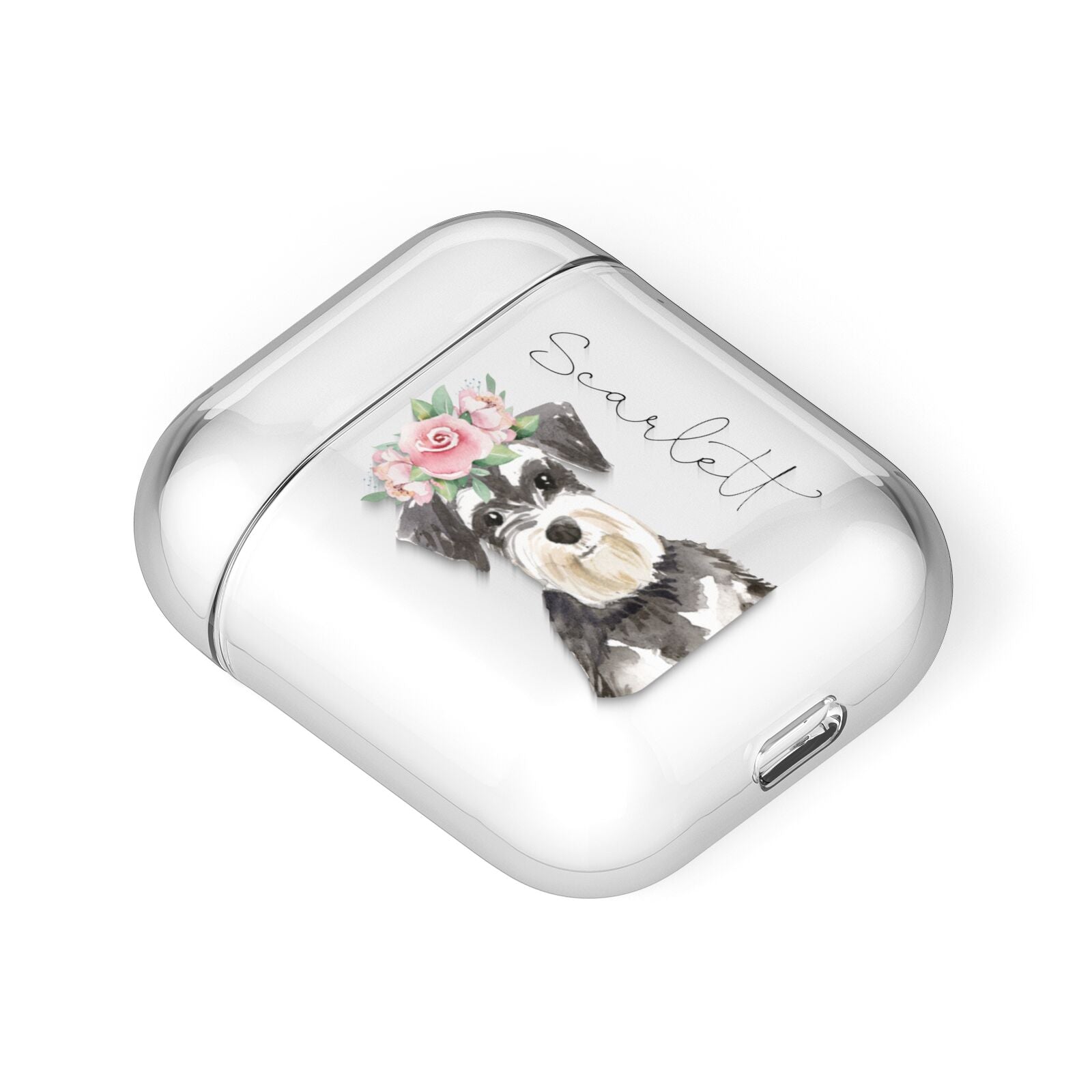 Personalised Miniature Schnauzer AirPods Case Laid Flat