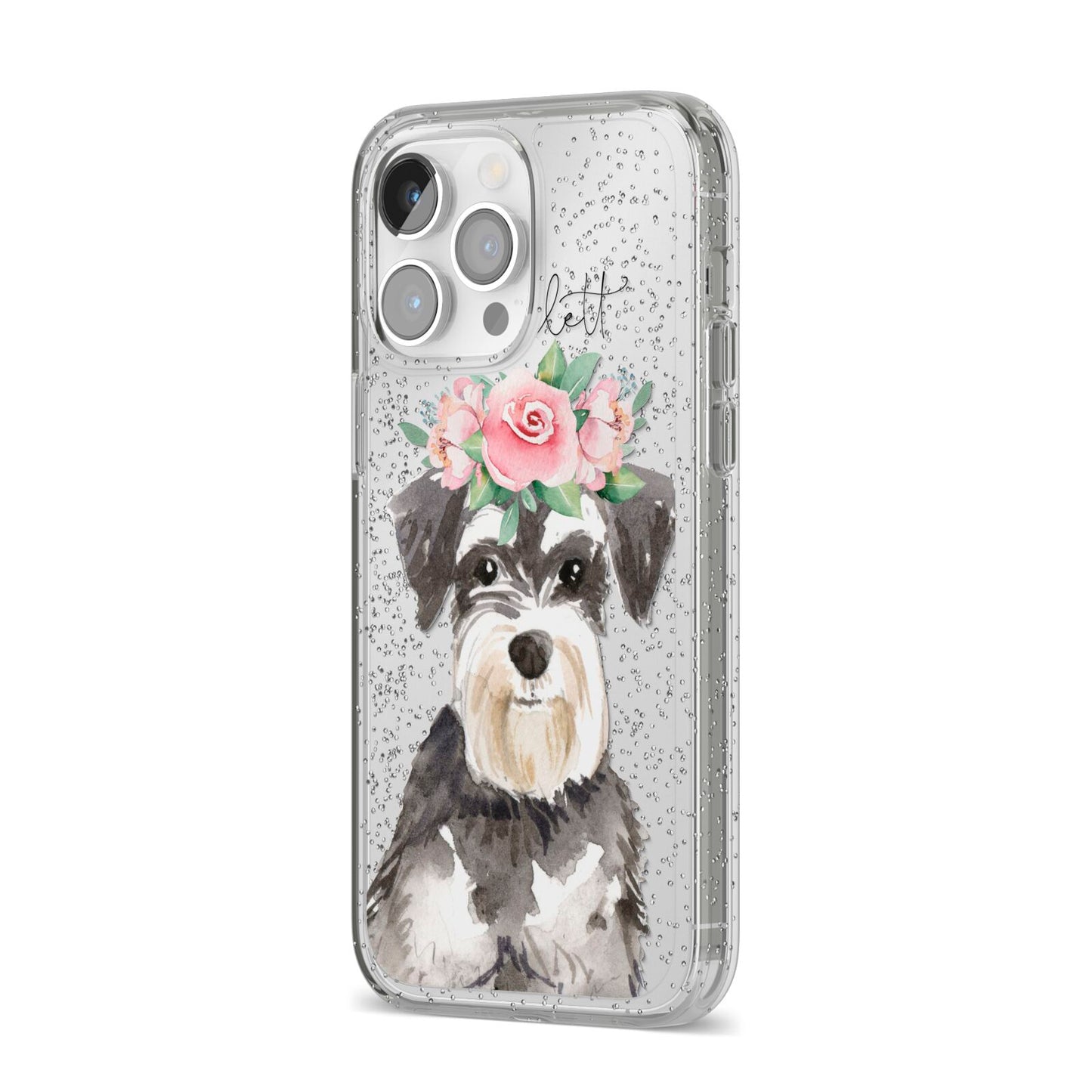 Personalised Miniature Schnauzer iPhone 14 Pro Max Glitter Tough Case Silver Angled Image