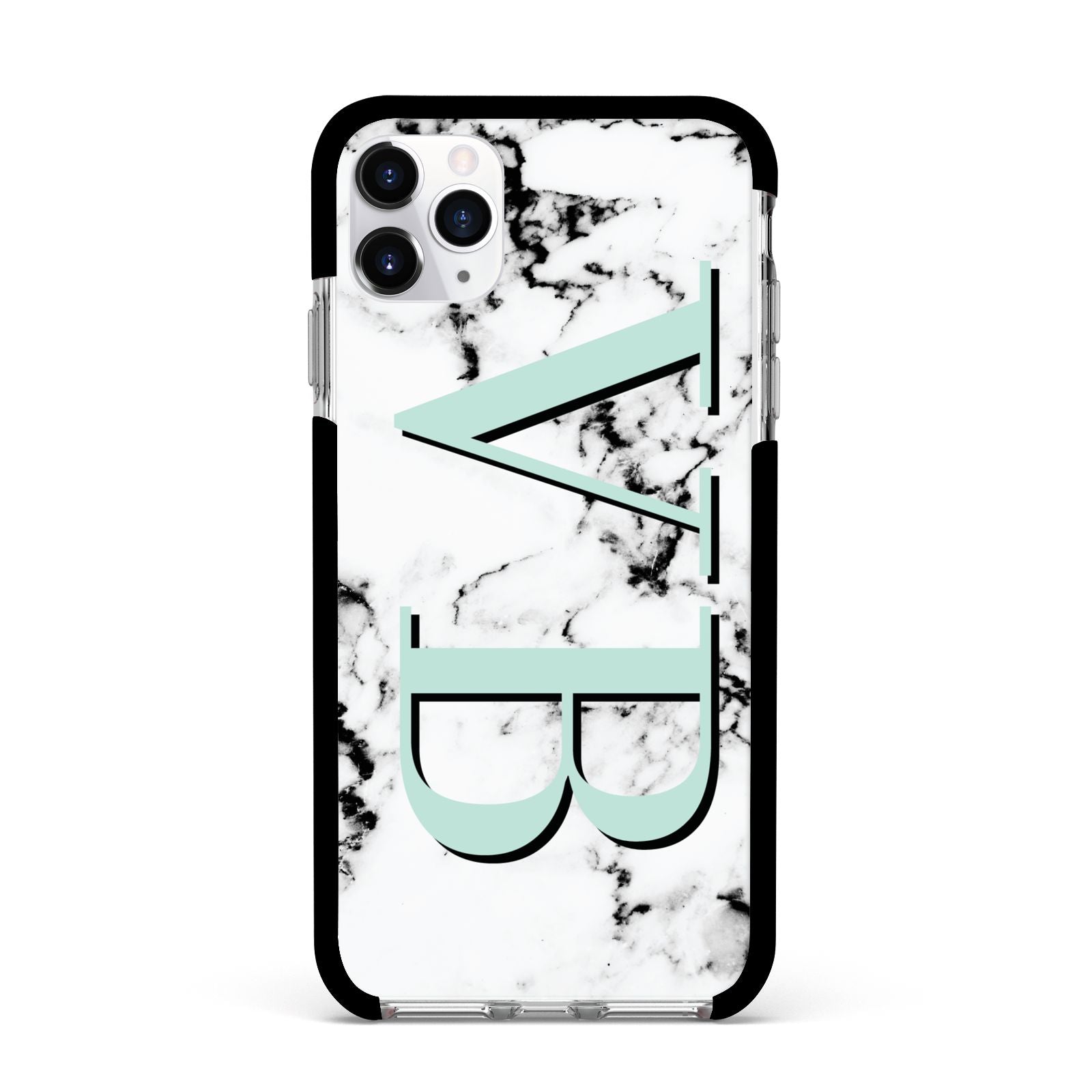 Personalised Mint Big Initials Marble Apple iPhone 11 Pro Max in Silver with Black Impact Case