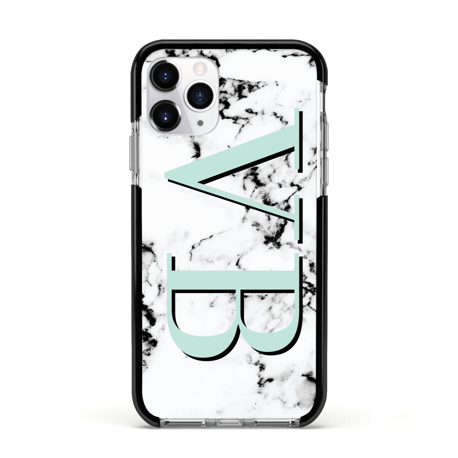 Personalised Mint Big Initials Marble Apple iPhone 11 Pro in Silver with Black Impact Case