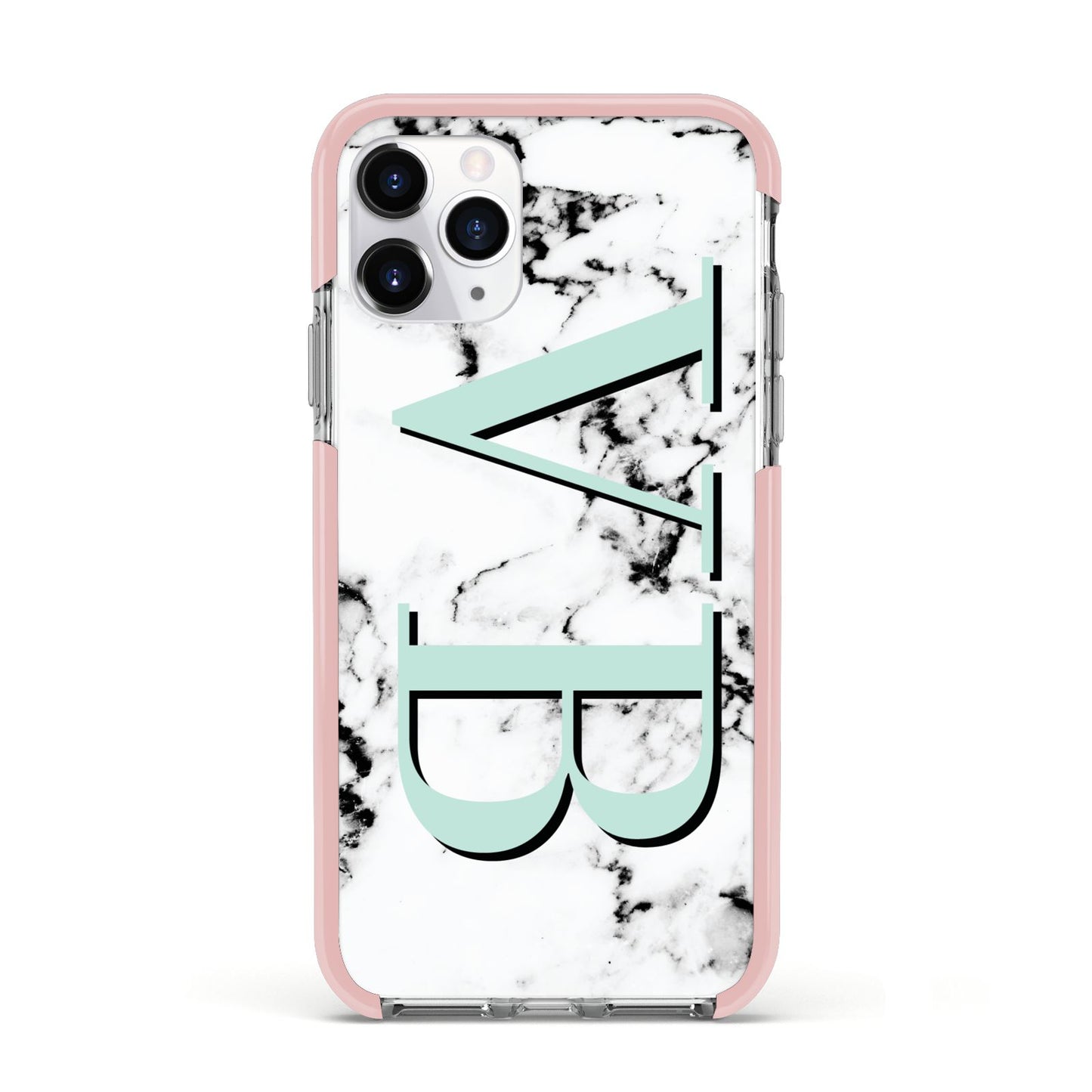 Personalised Mint Big Initials Marble Apple iPhone 11 Pro in Silver with Pink Impact Case