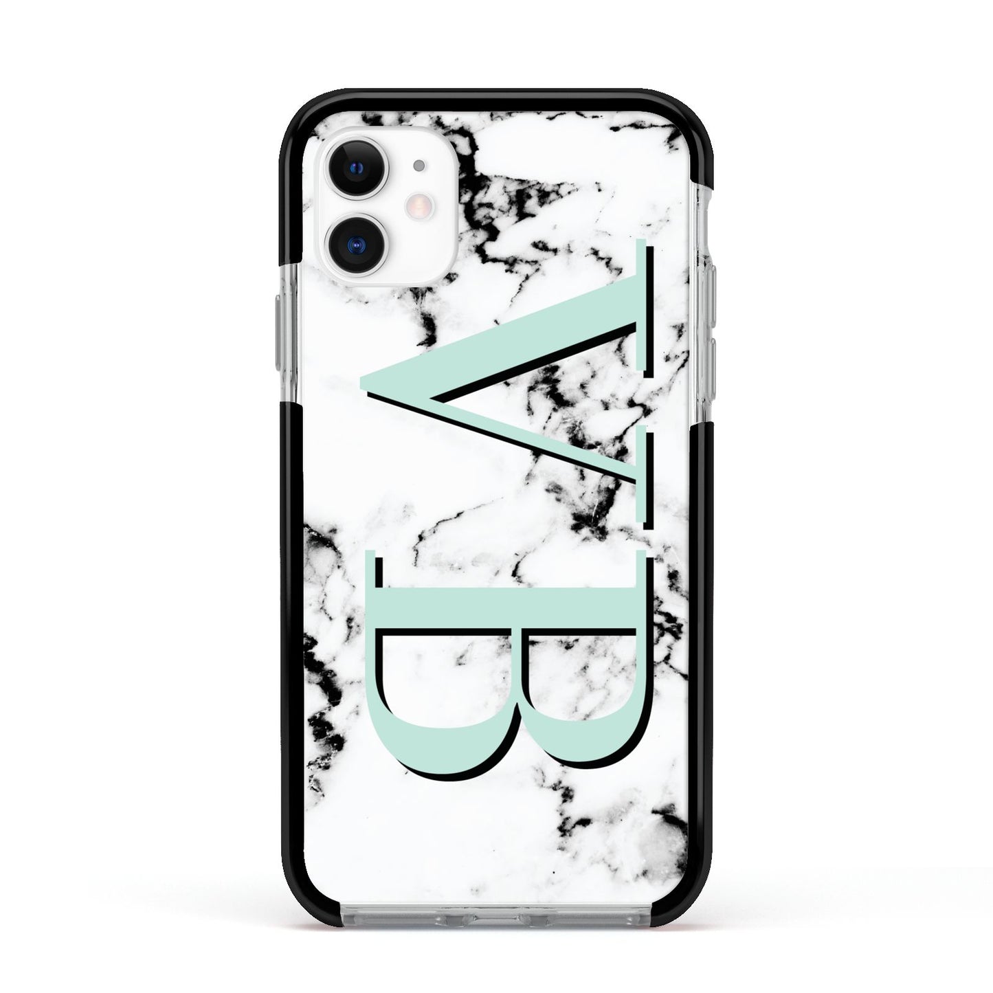 Personalised Mint Big Initials Marble Apple iPhone 11 in White with Black Impact Case