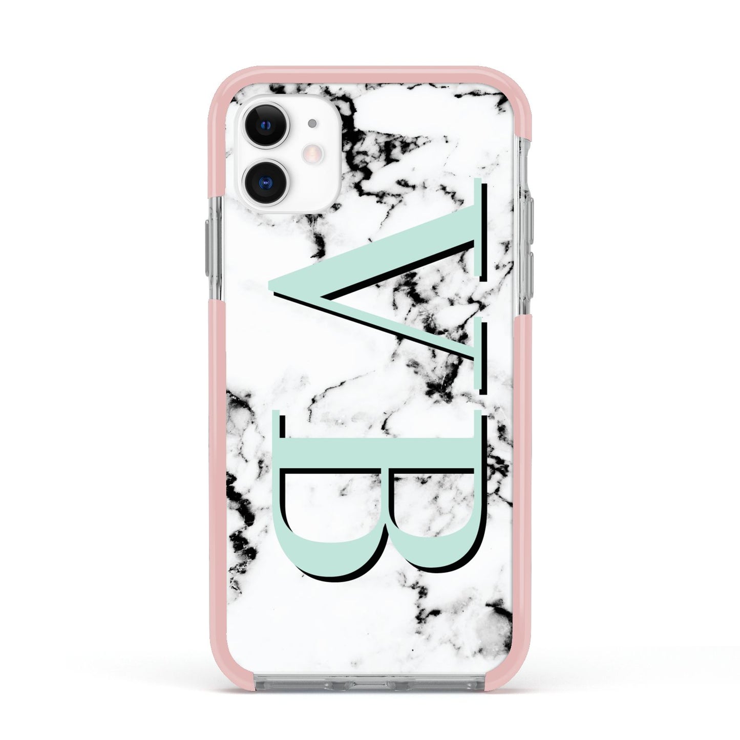 Personalised Mint Big Initials Marble Apple iPhone 11 in White with Pink Impact Case