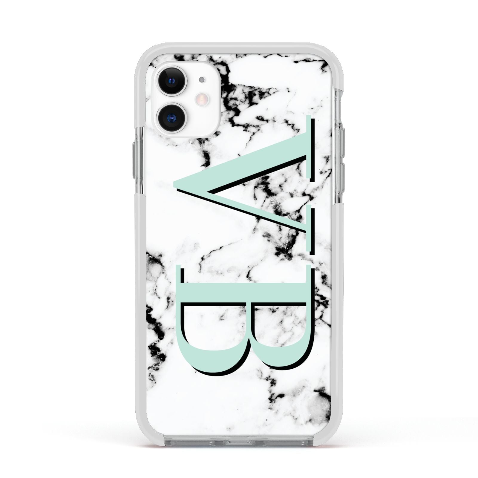 Personalised Mint Big Initials Marble Apple iPhone 11 in White with White Impact Case