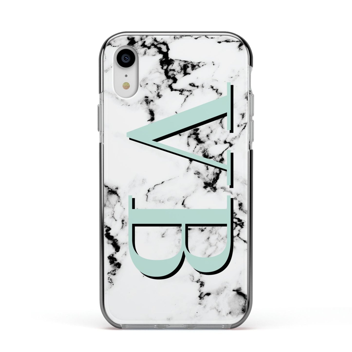 Personalised Mint Big Initials Marble Apple iPhone XR Impact Case Black Edge on Silver Phone