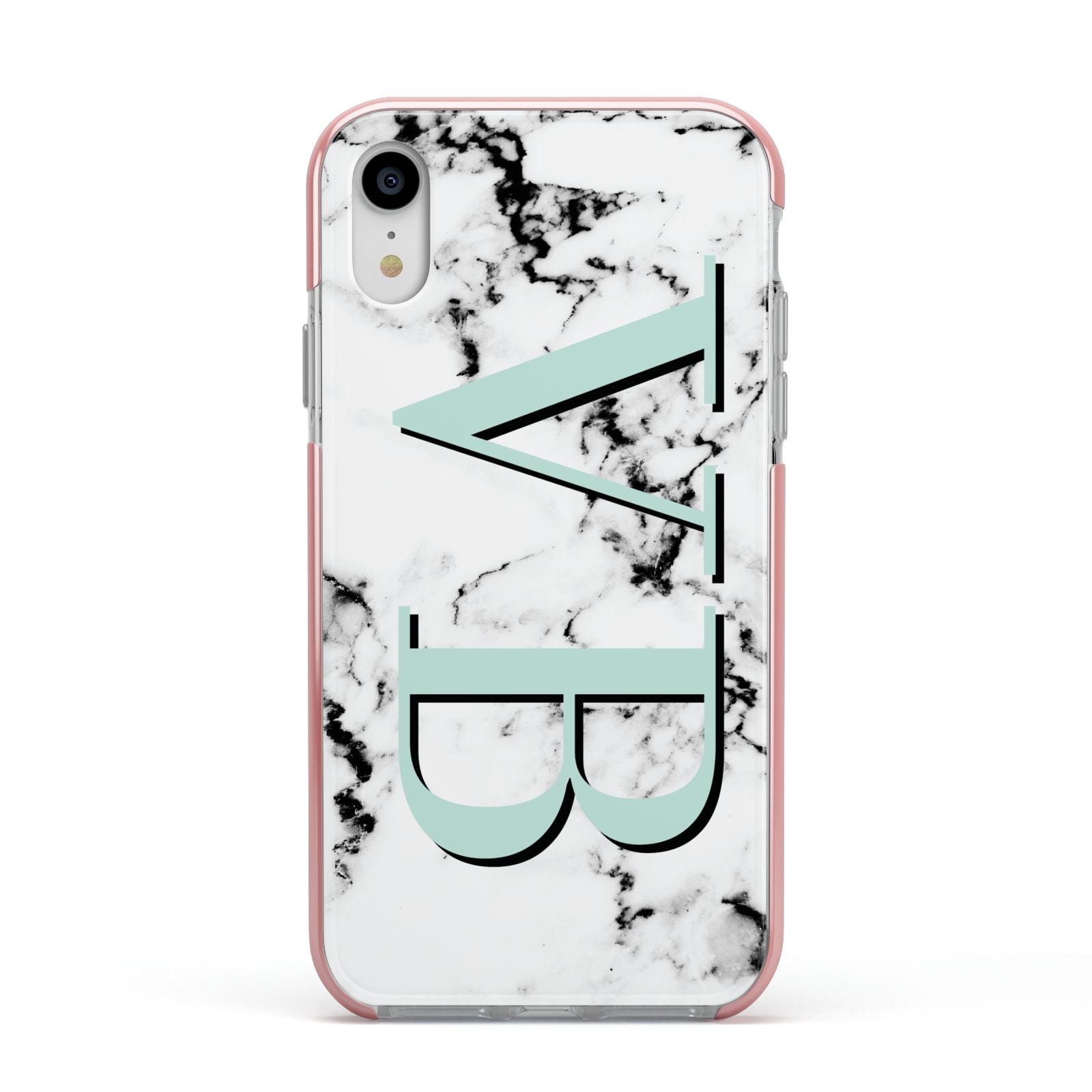 Personalised Mint Big Initials Marble Apple iPhone XR Impact Case Pink Edge on Silver Phone