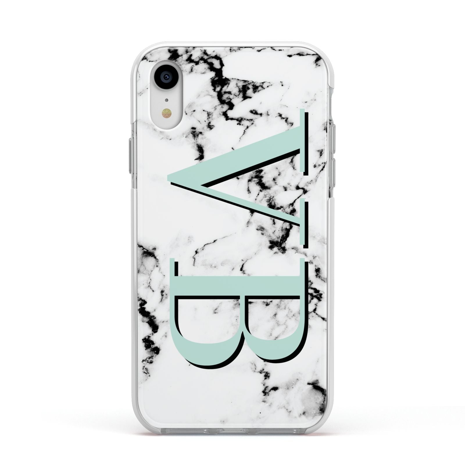 Personalised Mint Big Initials Marble Apple iPhone XR Impact Case White Edge on Silver Phone