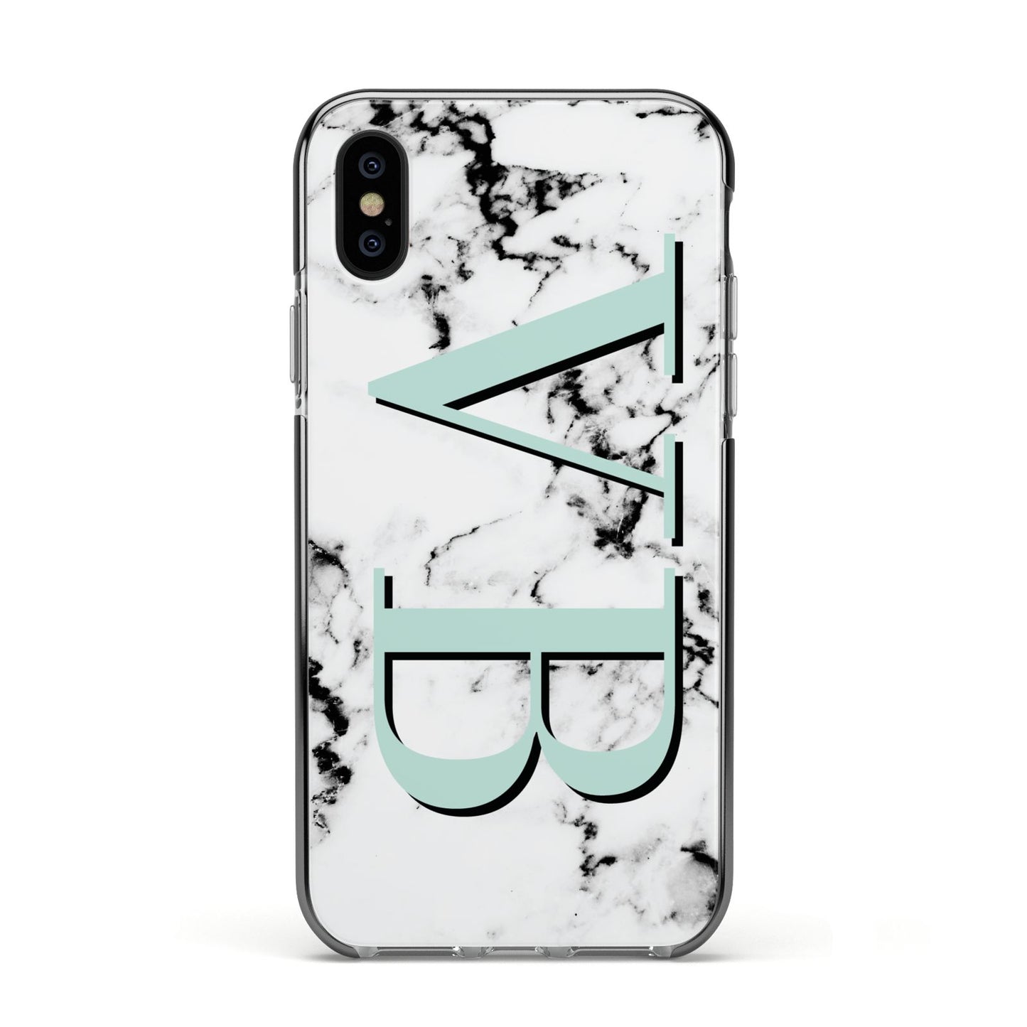 Personalised Mint Big Initials Marble Apple iPhone Xs Impact Case Black Edge on Black Phone