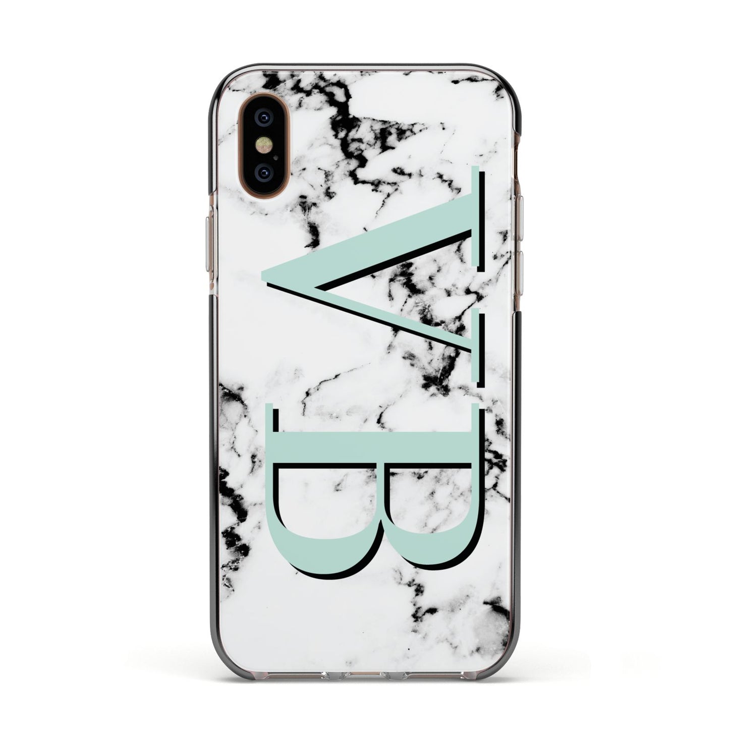 Personalised Mint Big Initials Marble Apple iPhone Xs Impact Case Black Edge on Gold Phone