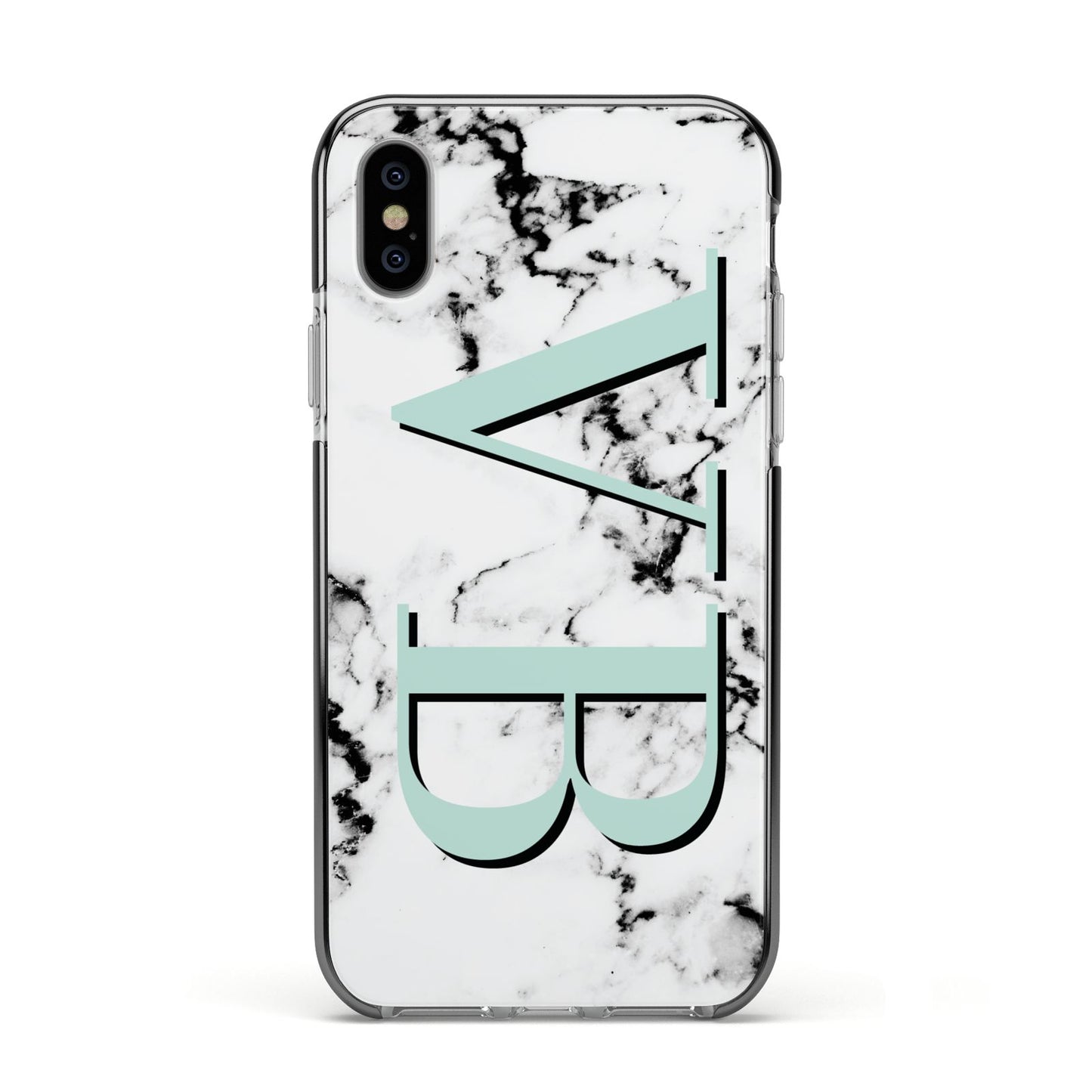 Personalised Mint Big Initials Marble Apple iPhone Xs Impact Case Black Edge on Silver Phone