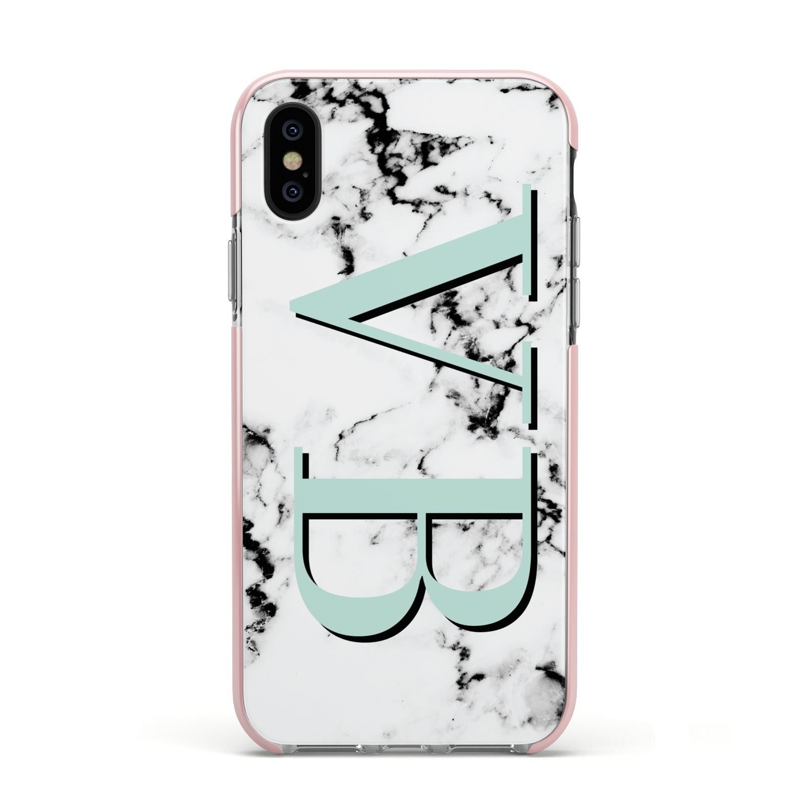 Personalised Mint Big Initials Marble Apple iPhone Xs Impact Case Pink Edge on Black Phone