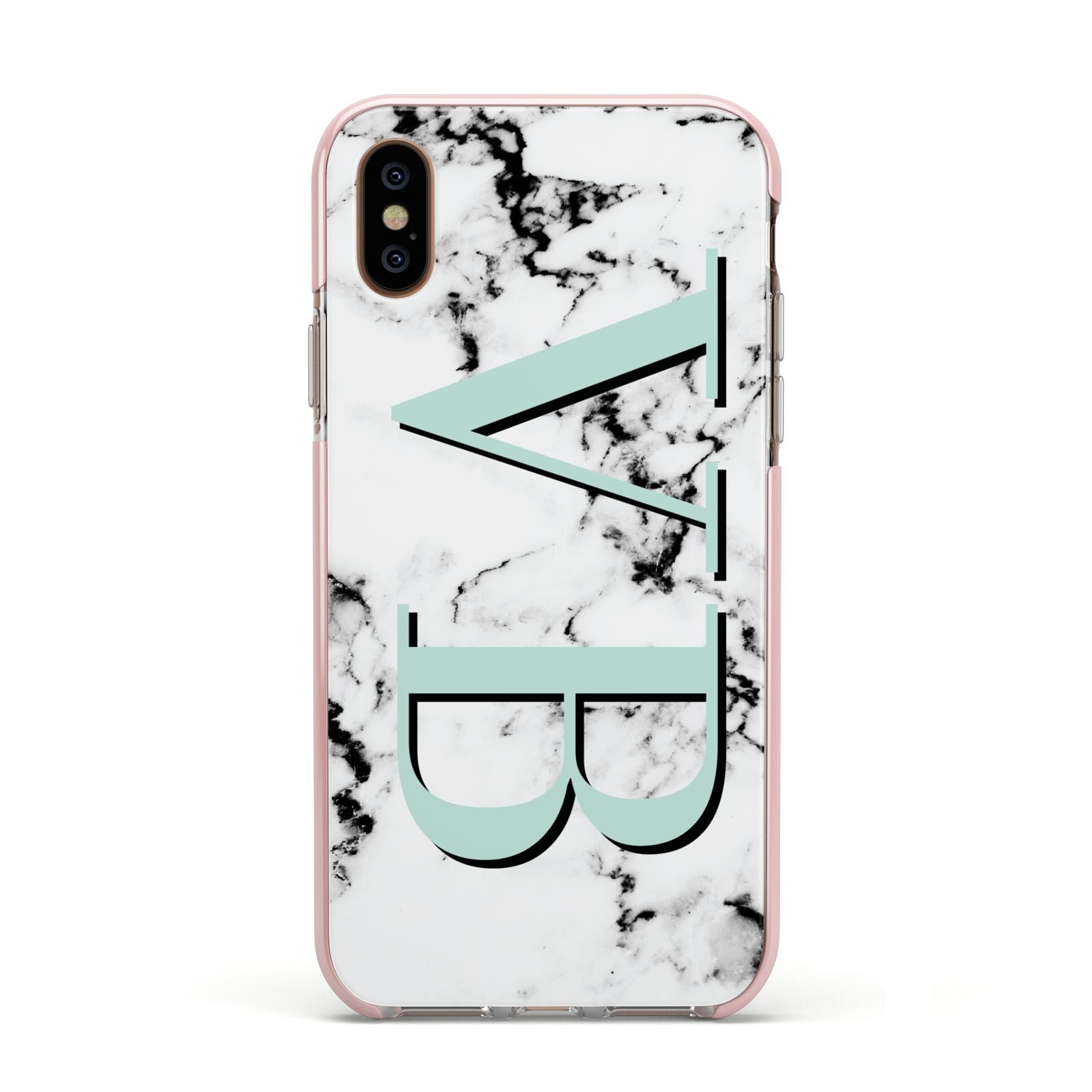 Personalised Mint Big Initials Marble Apple iPhone Xs Impact Case Pink Edge on Gold Phone