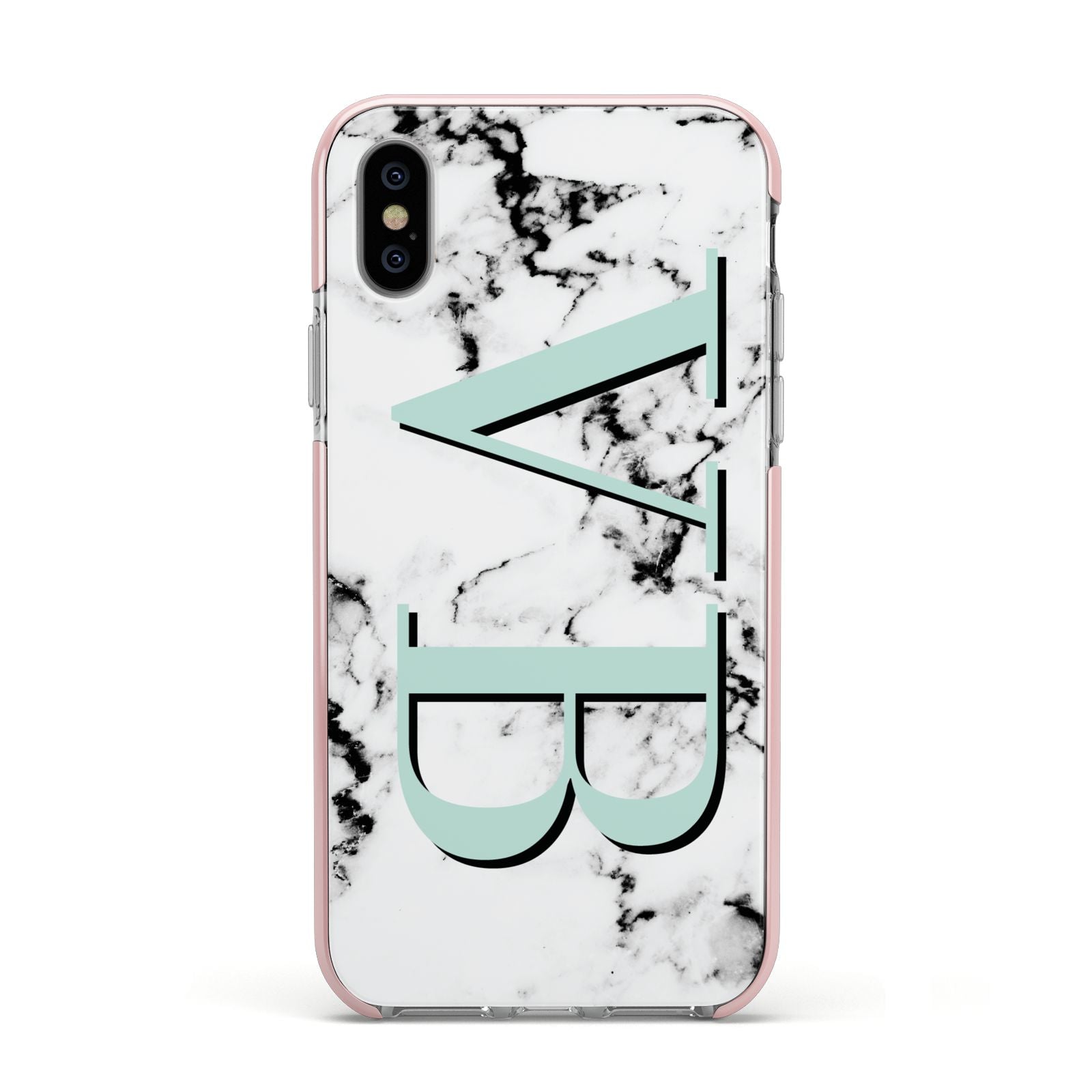 Personalised Mint Big Initials Marble Apple iPhone Xs Impact Case Pink Edge on Silver Phone