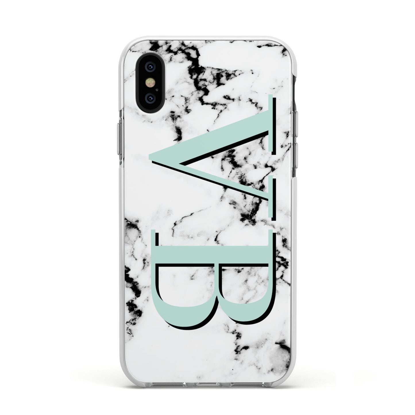 Personalised Mint Big Initials Marble Apple iPhone Xs Impact Case White Edge on Black Phone