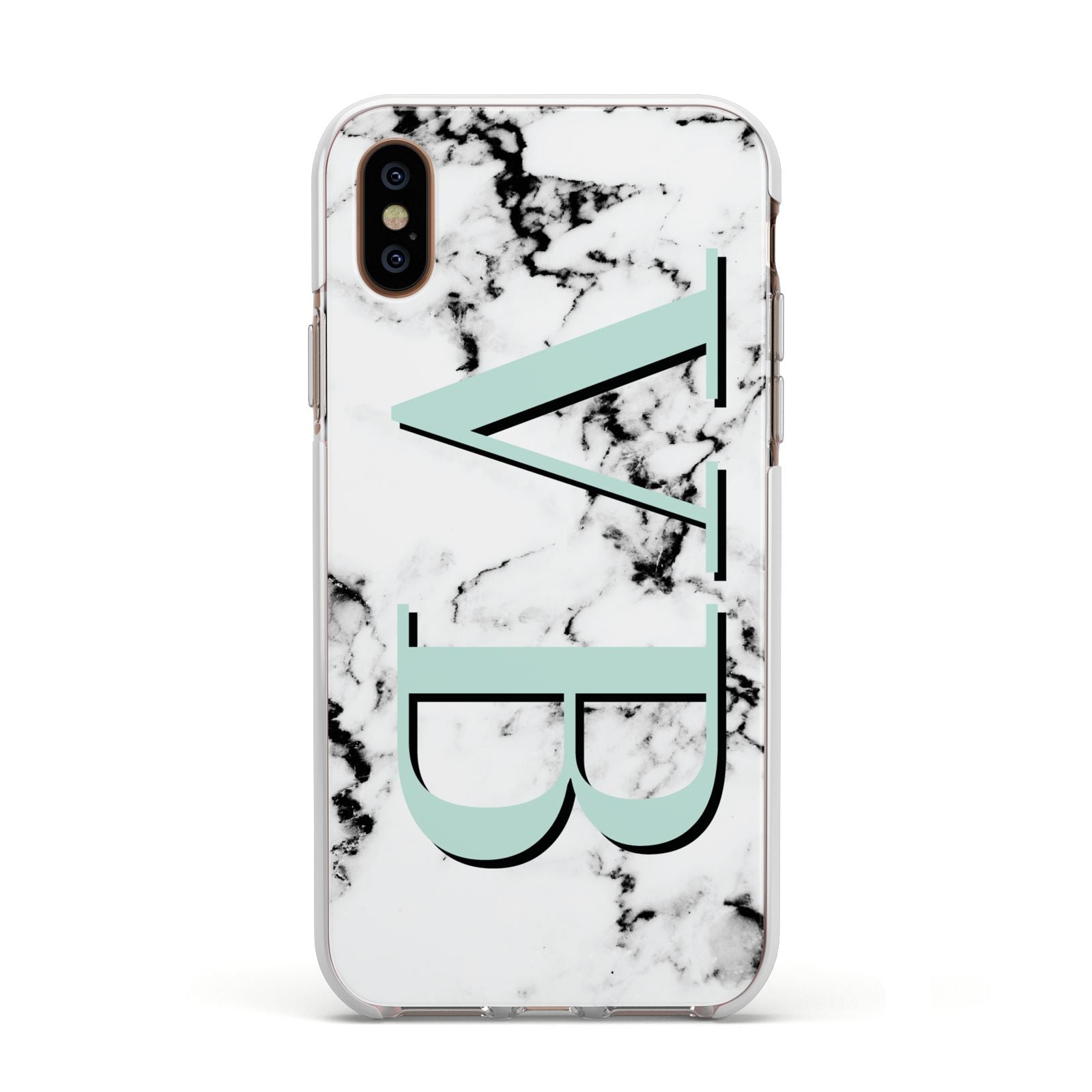 Personalised Mint Big Initials Marble Apple iPhone Xs Impact Case White Edge on Gold Phone