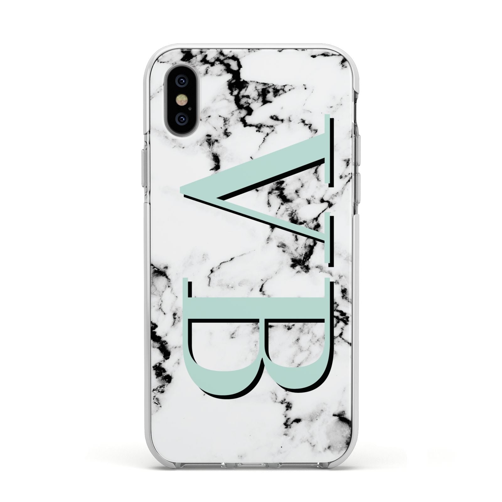 Personalised Mint Big Initials Marble Apple iPhone Xs Impact Case White Edge on Silver Phone