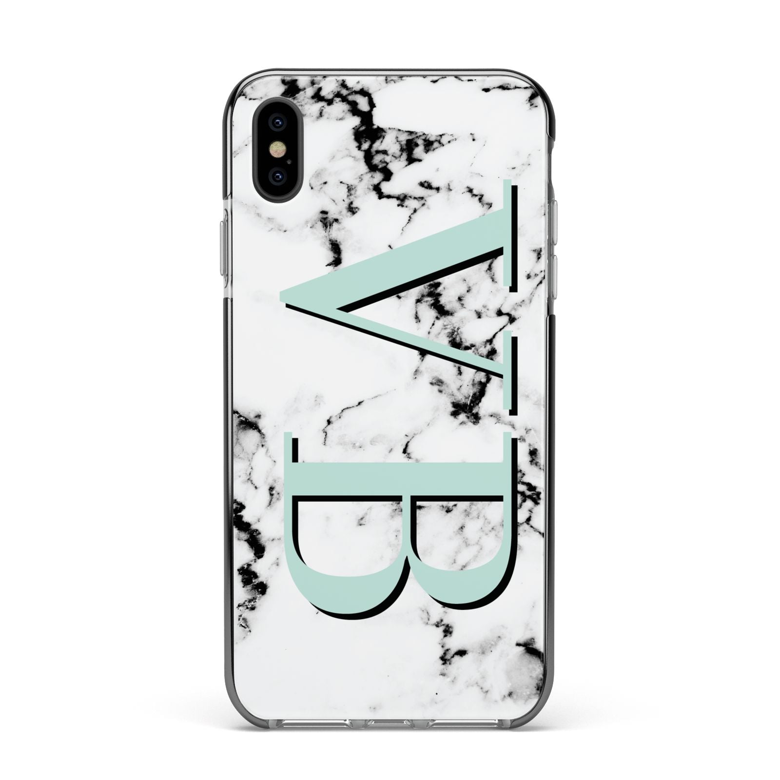 Personalised Mint Big Initials Marble Apple iPhone Xs Max Impact Case Black Edge on Black Phone