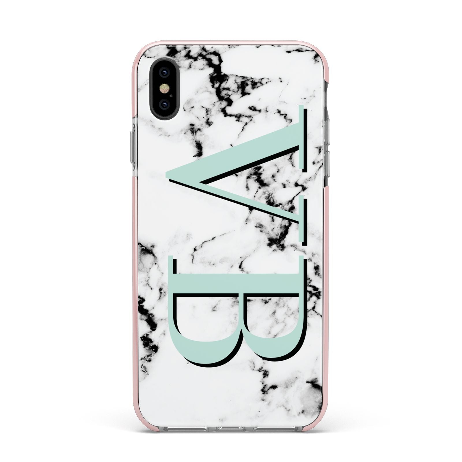 Personalised Mint Big Initials Marble Apple iPhone Xs Max Impact Case Pink Edge on Black Phone