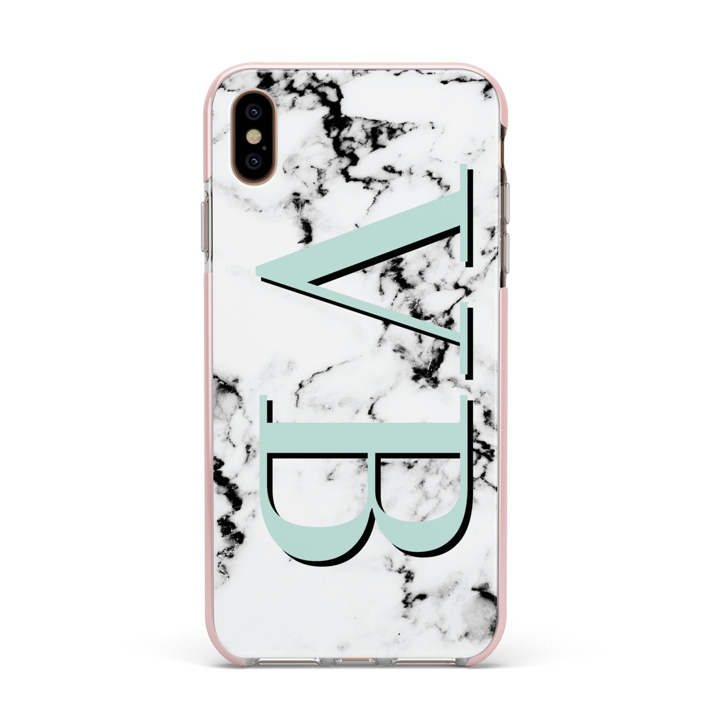 Personalised Mint Big Initials Marble Apple iPhone Xs Max Impact Case Pink Edge on Gold Phone