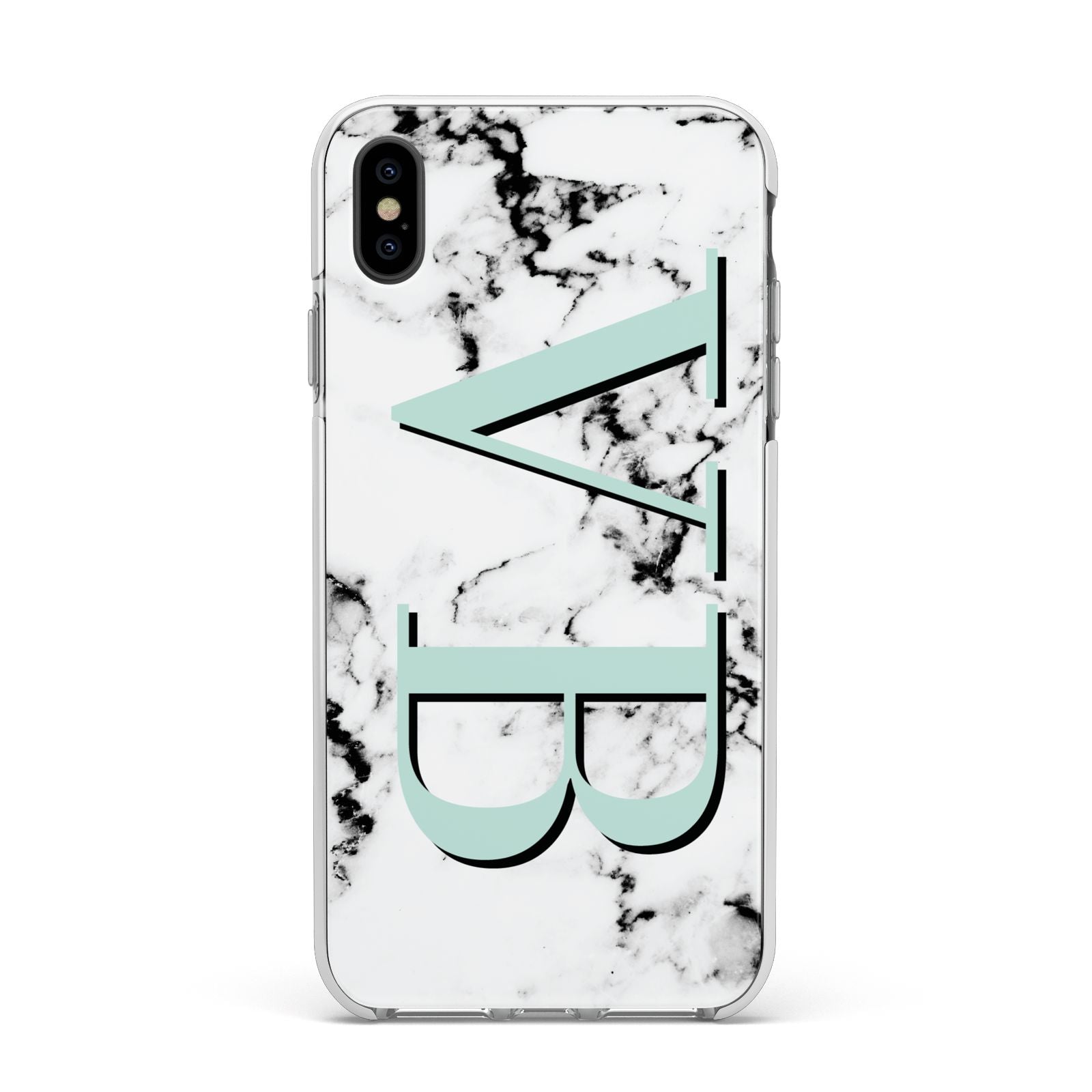 Personalised Mint Big Initials Marble Apple iPhone Xs Max Impact Case White Edge on Black Phone