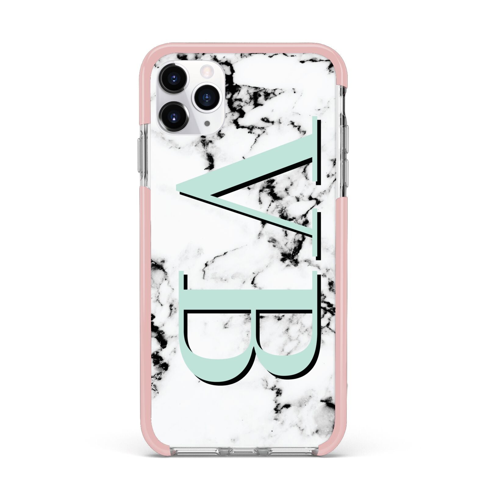 Personalised Mint Big Initials Marble iPhone 11 Pro Max Impact Pink Edge Case